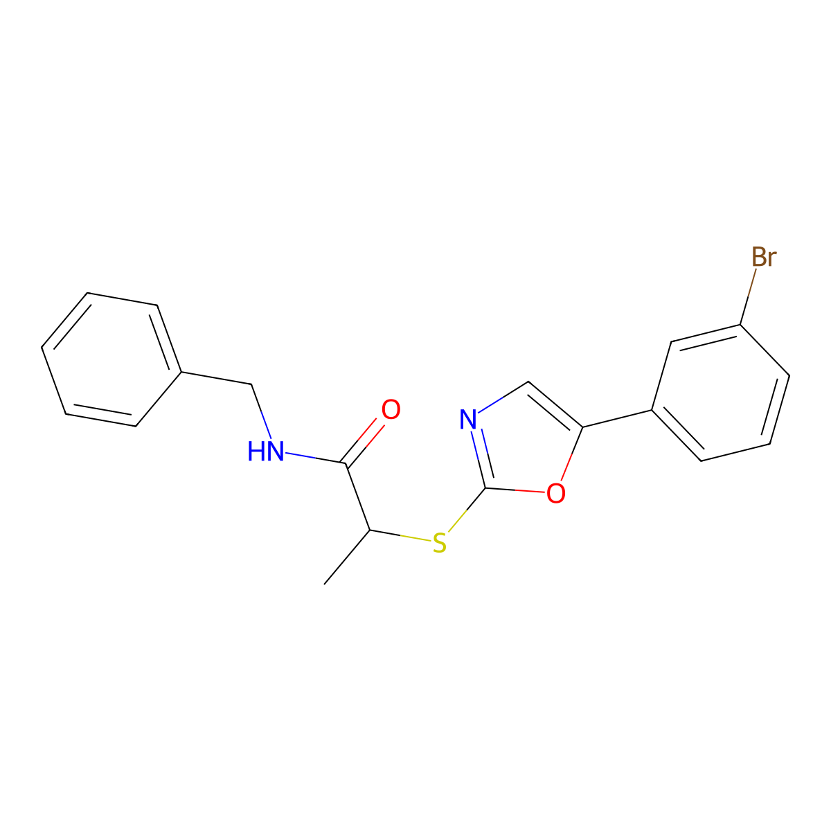 N-benzyl-2-((5-(3-bromophenyl)oxazol-2-yl)thio)propanamide molecular structure, CAS 1040679-95-5