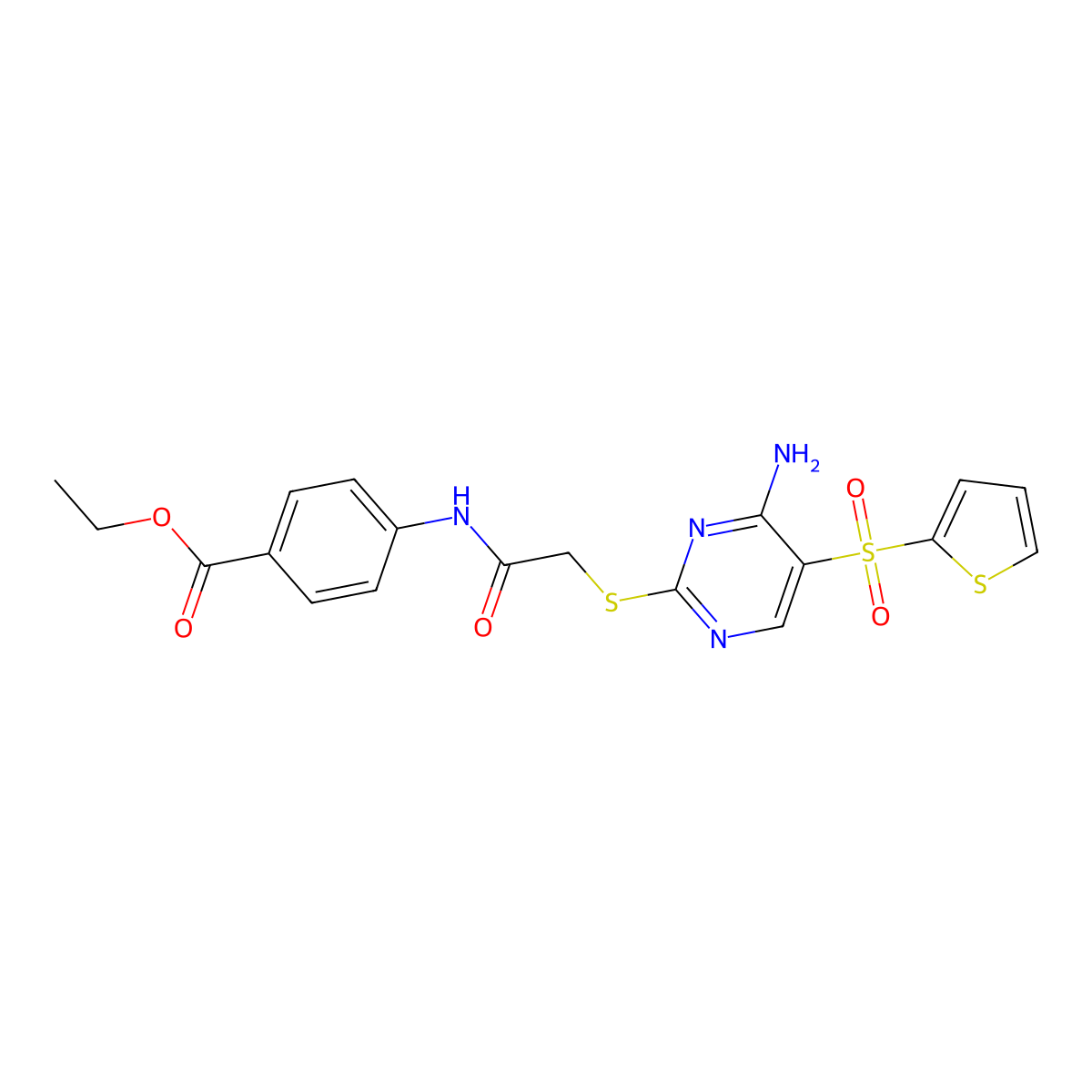 Ethyl 4-(2-{[4-amino-5-(thiophene-2-sulfonyl)pyrimidin-2-yl]sulfanyl}acetamido)benzoate molecular structure, CAS 1040679-98-8