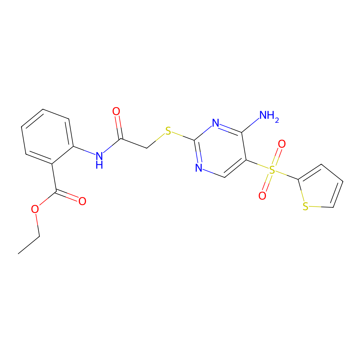 Ethyl 2-(2-{[4-amino-5-(thiophene-2-sulfonyl)pyrimidin-2-yl]sulfanyl}acetamido)benzoate molecular structure, CAS 1040680-04-3