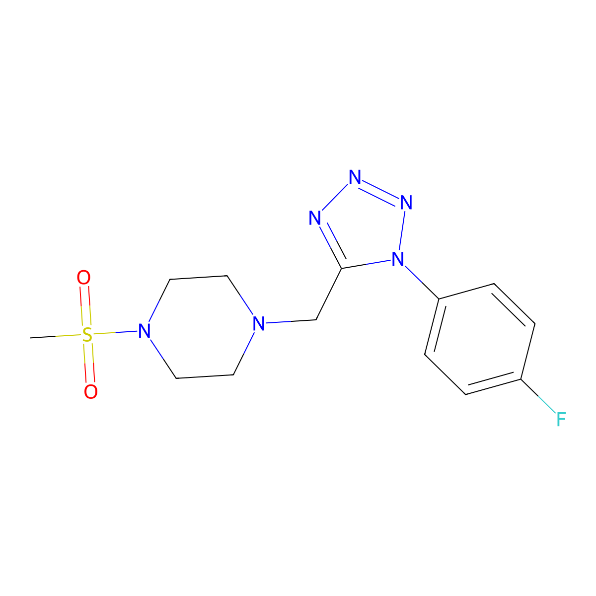 1-((1-(4-fluorophenyl)-1H-tetrazol-5-yl)methyl)-4-(methylsulfonyl)piperazine molecular structure, CAS 1040680-06-5