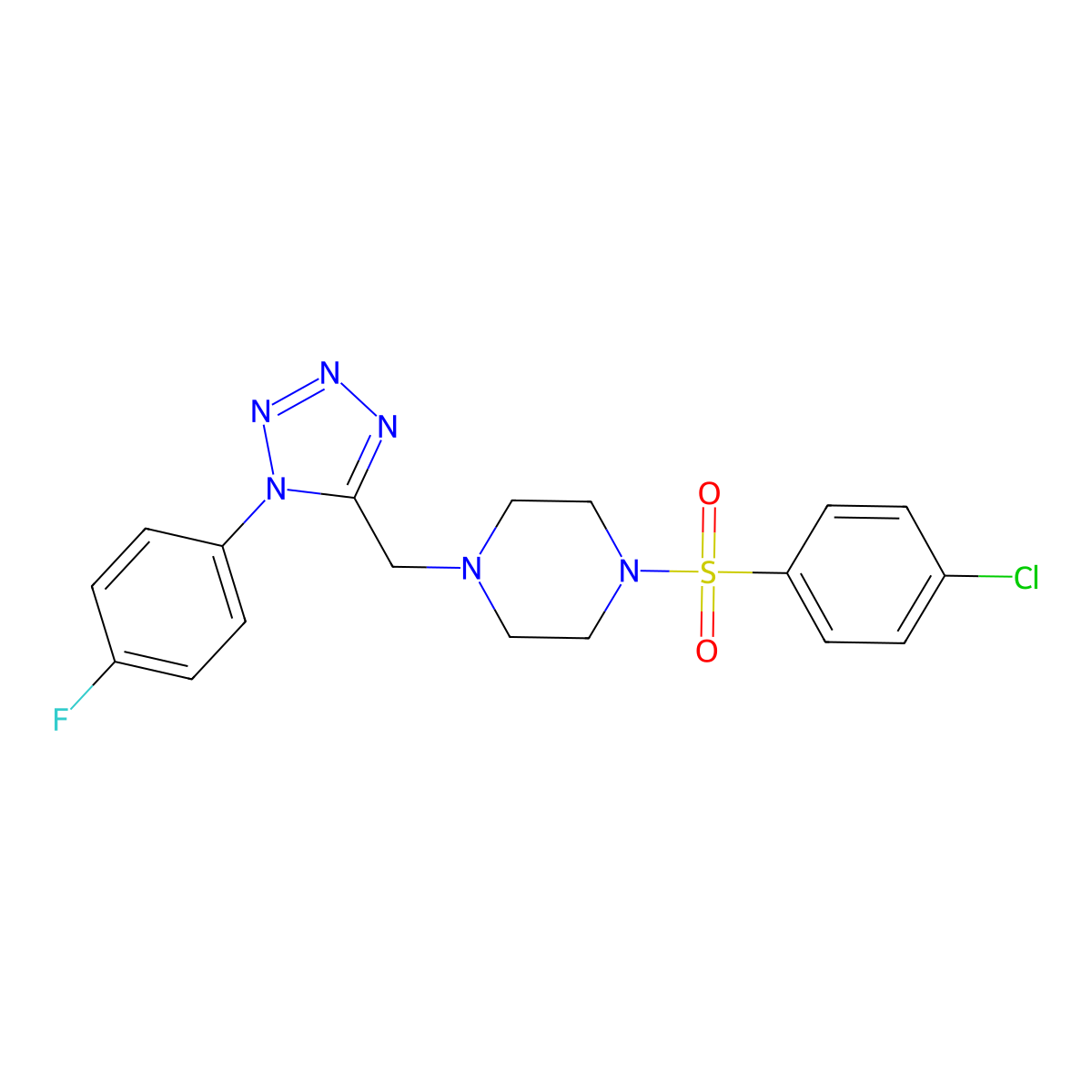 1-((4-chlorophenyl)sulfonyl)-4-((1-(4-fluorophenyl)-1H-tetrazol-5-yl)methyl)piperazine molecular structure, CAS 1040680-12-3