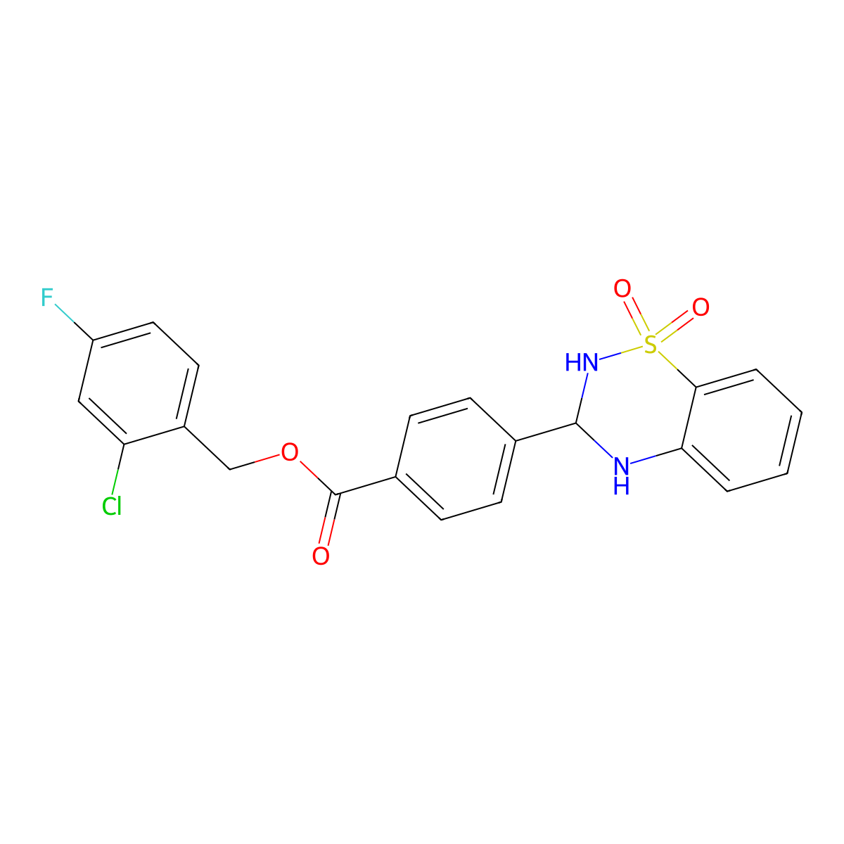 2-chloro-4-fluorobenzyl 4-(1,1-dioxido-3,4-dihydro-2H-1,2,4-benzothiadiazin-3-yl)benzoate molecular structure, CAS 1040680-19-0