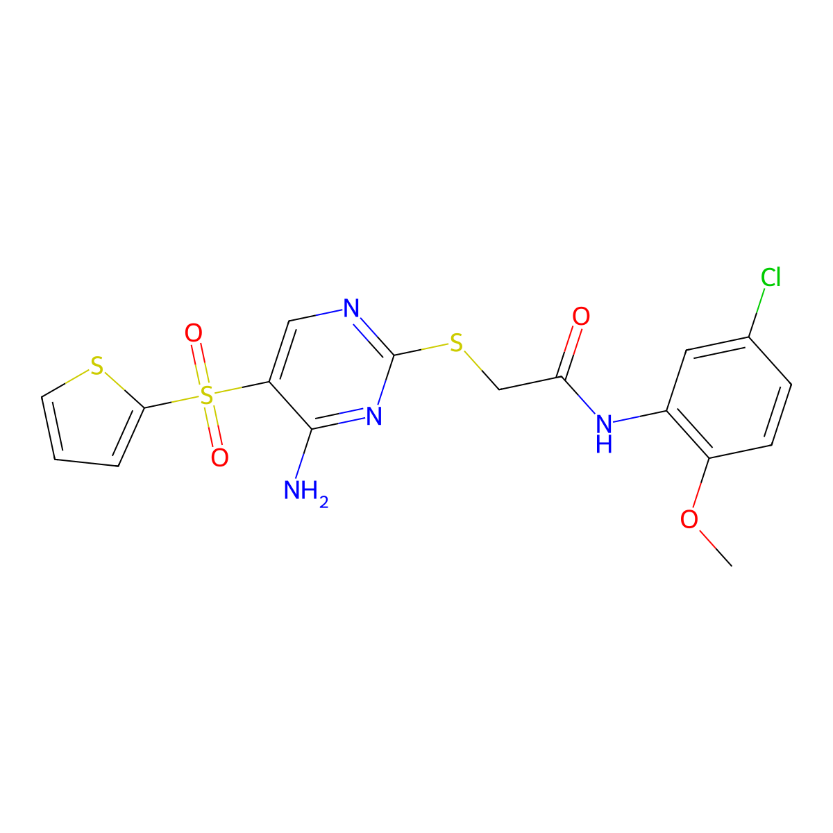 2-{[4-amino-5-(thiophene-2-sulfonyl)pyrimidin-2-yl]sulfanyl}-N-(5-chloro-2-methoxyphenyl)acetamide molecular structure, CAS 1040680-28-1