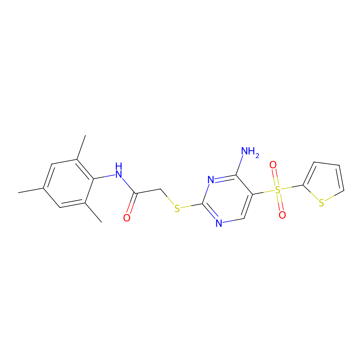 2-{[4-amino-5-(thiophene-2-sulfonyl)pyrimidin-2-yl]sulfanyl}-N-(2,4,6-trimethylphenyl)acetamide molecular structure, CAS 1040680-47-4