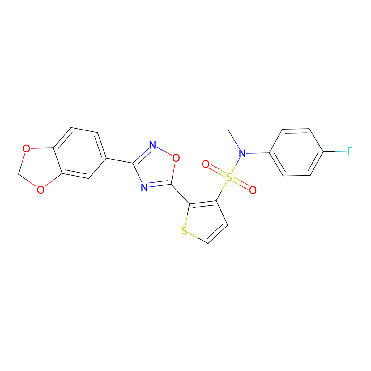 2-[3-(1,3-benzodioxol-5-yl)-1,2,4-oxadiazol-5-yl]-N-(4-fluorophenyl)-N-methylthiophene-3-sulfonamide molecular structure, CAS 1040680-67-8