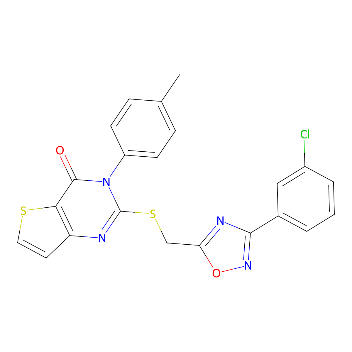 2-(((3-(3-chlorophenyl)-1,2,4-oxadiazol-5-yl)methyl)thio)-3-(p-tolyl)thieno[3,2-d]pyrimidin-4(3H)-one molecular structure, CAS 1040680-72-5