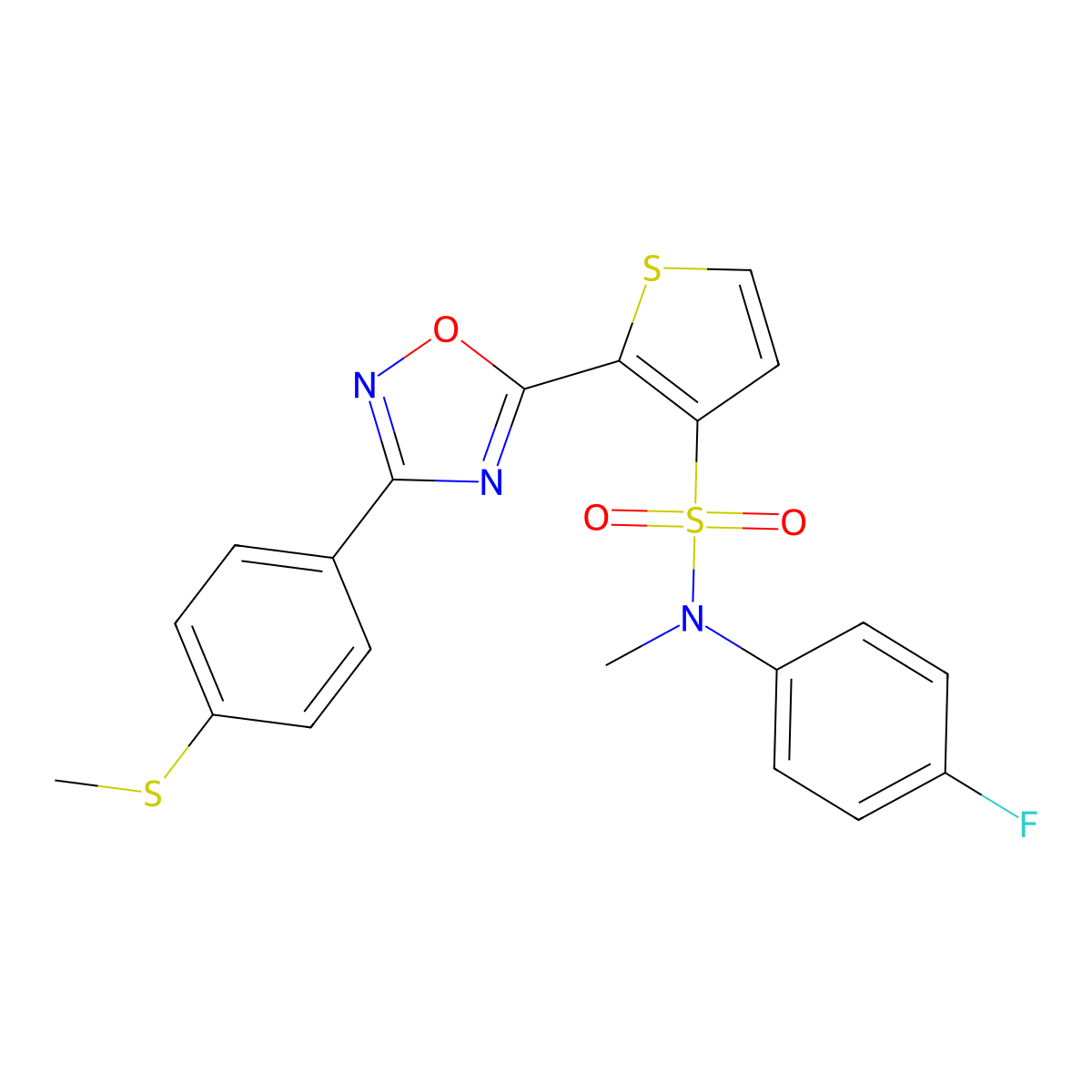 N-(4-fluorophenyl)-N-methyl-2-{3-[4-(methylsulfanyl)phenyl]-1,2,4-oxadiazol-5-yl}thiophene-3-sulfonamide molecular structure, CAS 1040680-73-6