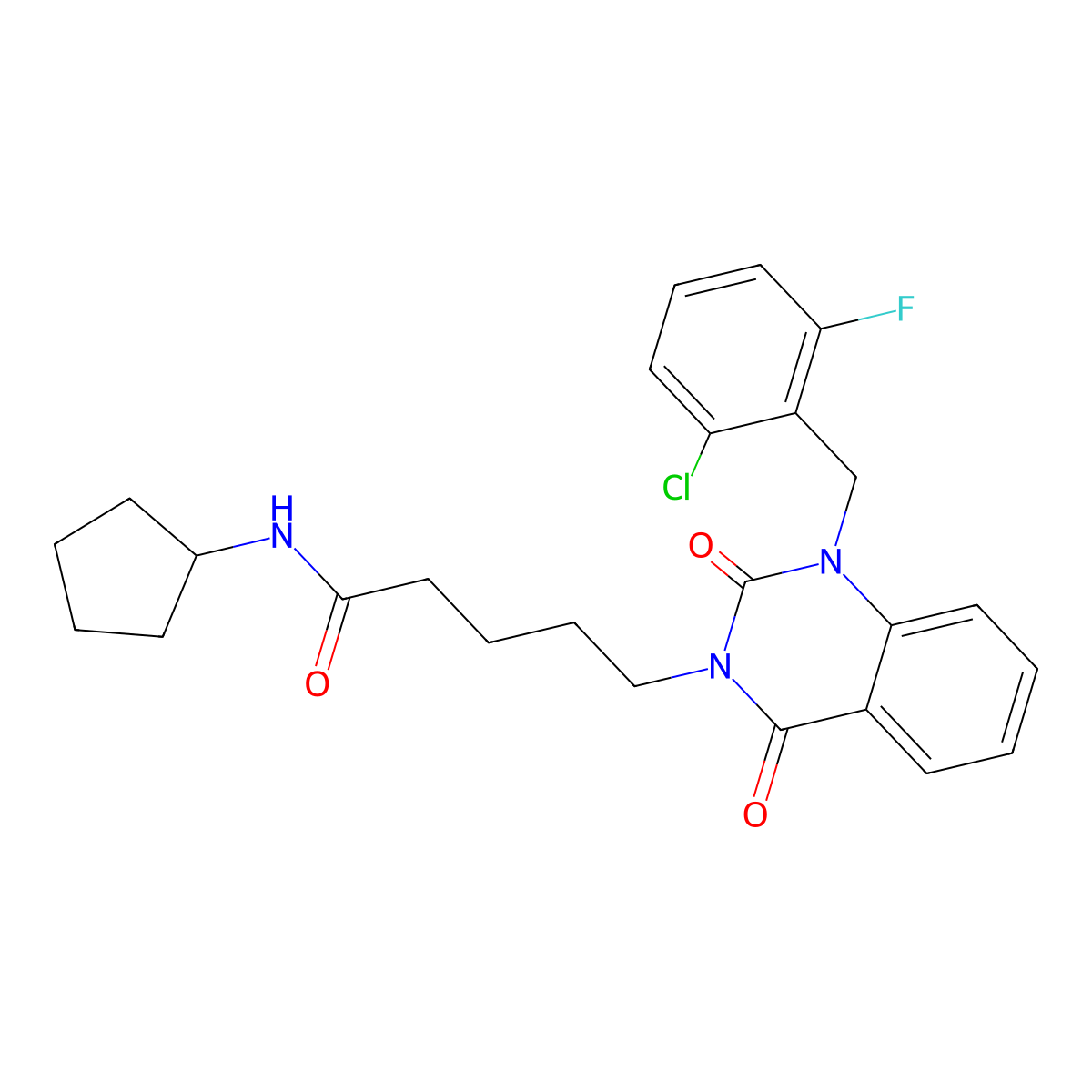 5-{1-[(2-chloro-6-fluorophenyl)methyl]-2,4-dioxo-1,2,3,4-tetrahydroquinazolin-3-yl}-N-cyclopentylpentanamide molecular structure, CAS 1040680-75-8