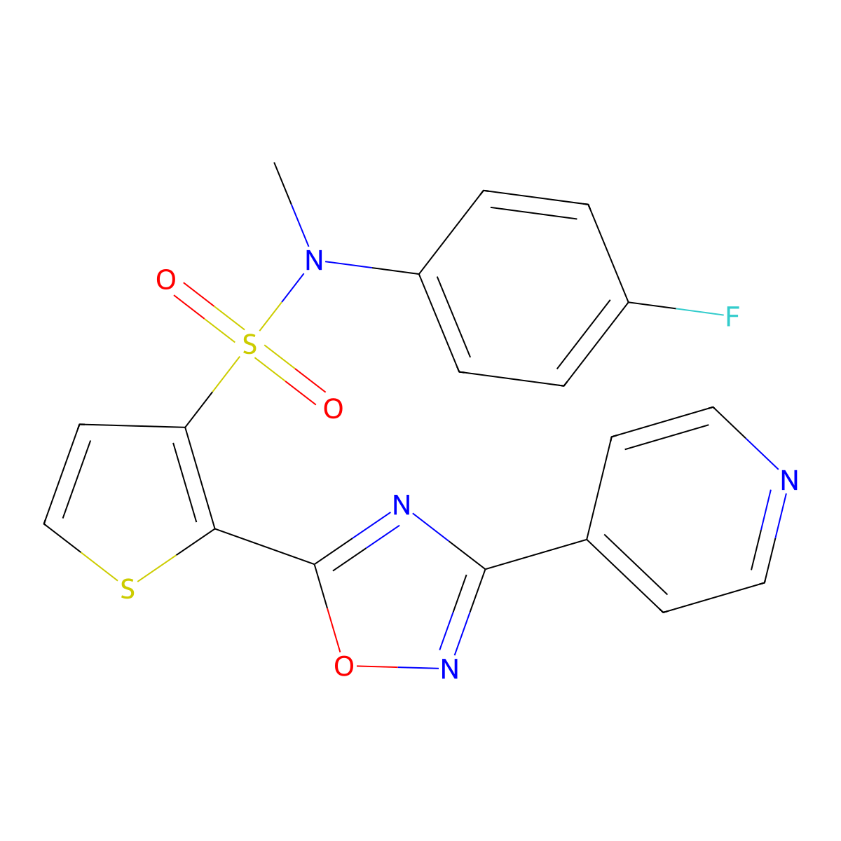 N-(4-fluorophenyl)-N-methyl-2-[3-(pyridin-4-yl)-1,2,4-oxadiazol-5-yl]thiophene-3-sulfonamide molecular structure, CAS 1040680-91-8
