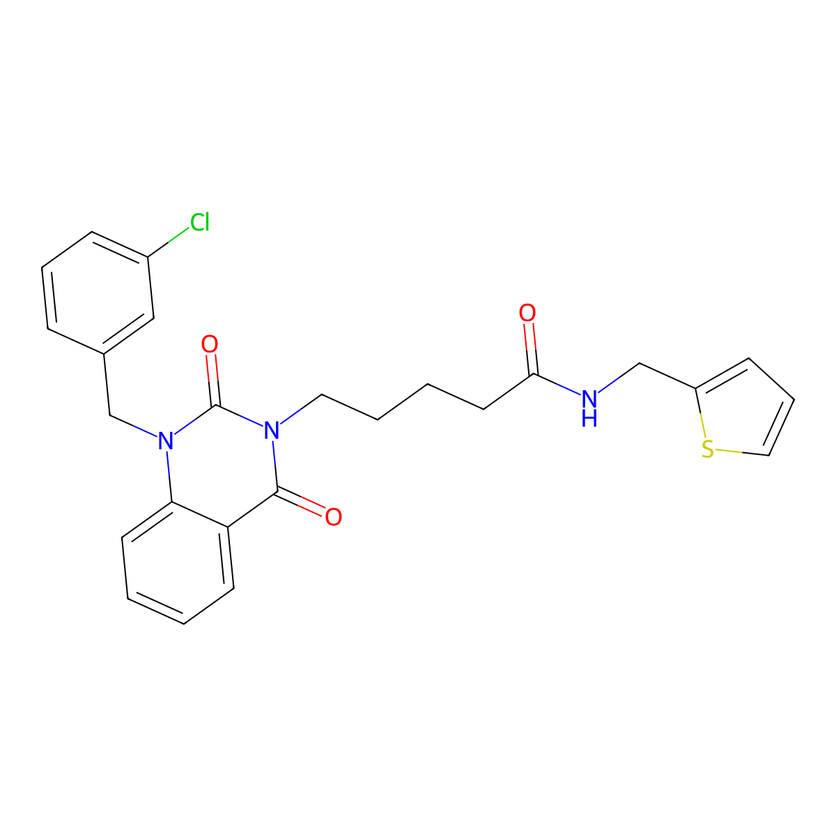 5-{1-[(3-chlorophenyl)methyl]-2,4-dioxo-1,2,3,4-tetrahydroquinazolin-3-yl}-N-[(thiophen-2-yl)methyl]pentanamide molecular structure, CAS 1040680-94-1