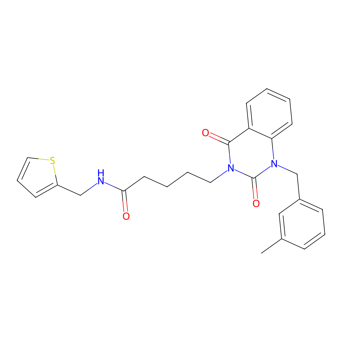 5-{1-[(3-methylphenyl)methyl]-2,4-dioxo-1,2,3,4-tetrahydroquinazolin-3-yl}-N-[(thiophen-2-yl)methyl]pentanamide molecular structure, CAS 1040681-01-3