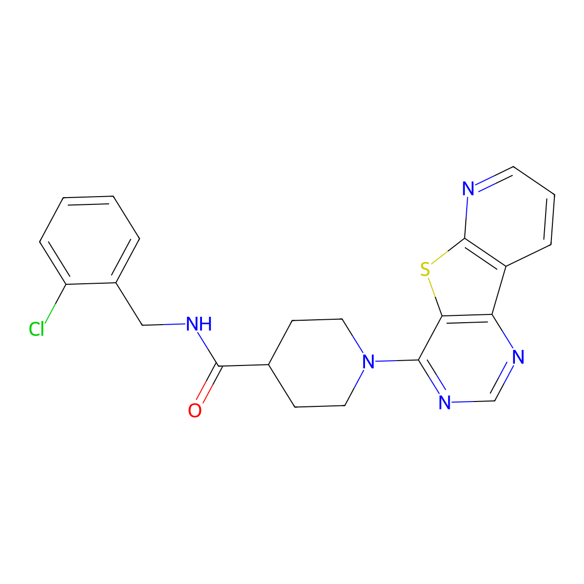 N-[(2-chlorophenyl)methyl]-1-{8-thia-3,5,10-triazatricyclo[7.4.0.0^{2,7}]trideca-1(13),2(7),3,5,9,11-hexaen-6-yl}piperidine-4-carboxamide molecular structure, CAS 1040681-03-5