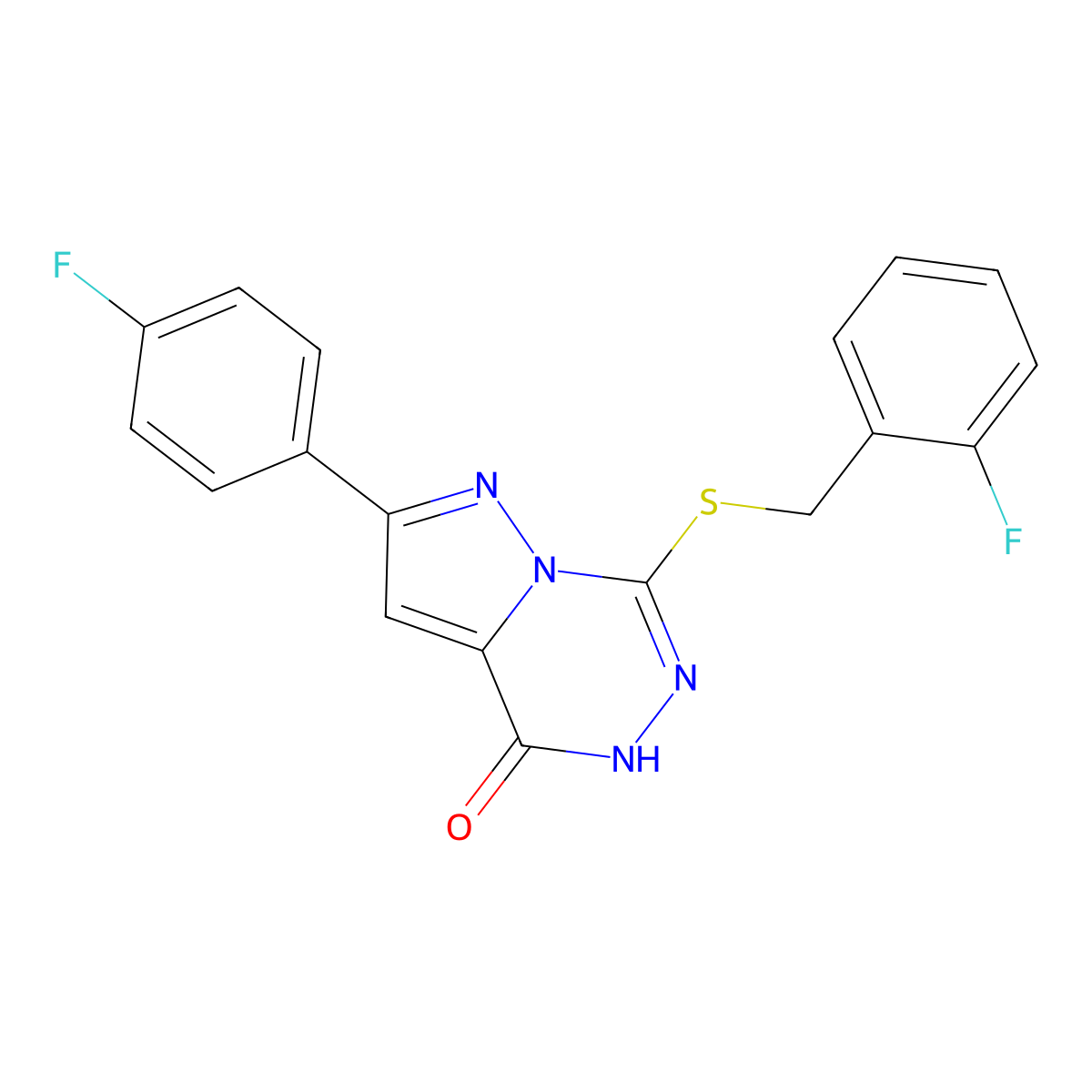 2-(4-fluorophenyl)-7-{[(2-fluorophenyl)methyl]sulfanyl}-4H,5H-pyrazolo[1,5-d][1,2,4]triazin-4-one molecular structure, CAS 1040681-50-2
