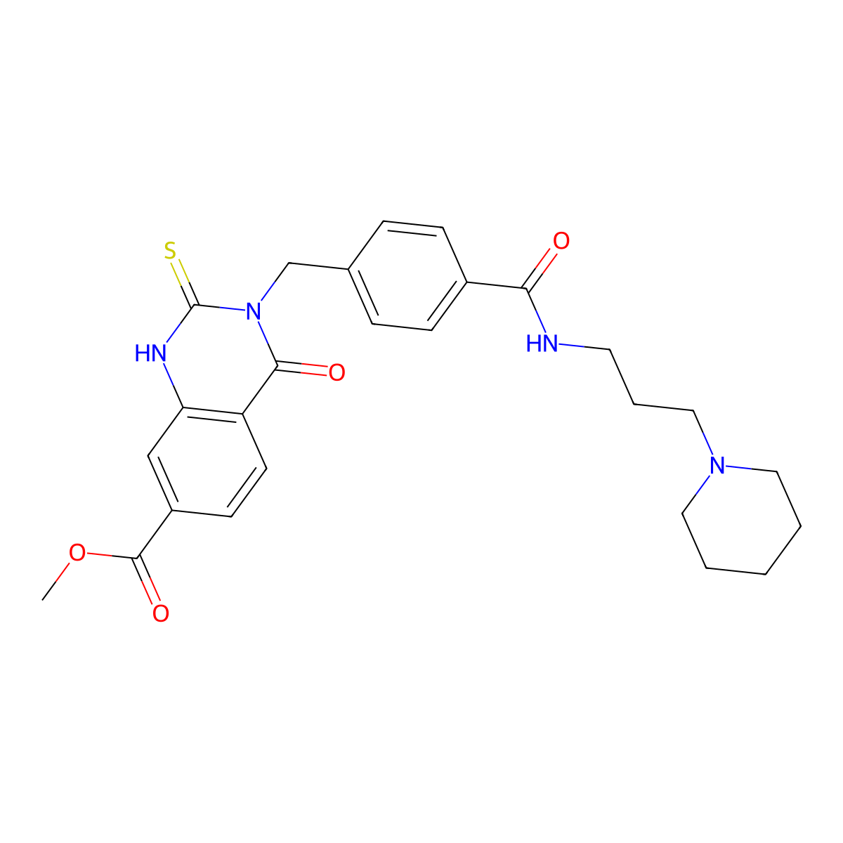 Methyl 4-oxo-3-[(4-{[3-(piperidin-1-yl)propyl]carbamoyl}phenyl)methyl]-2-sulfanylidene-1,2,3,4-tetrahydroquinazoline-7-carboxylate molecular structure, CAS 1040681-53-5