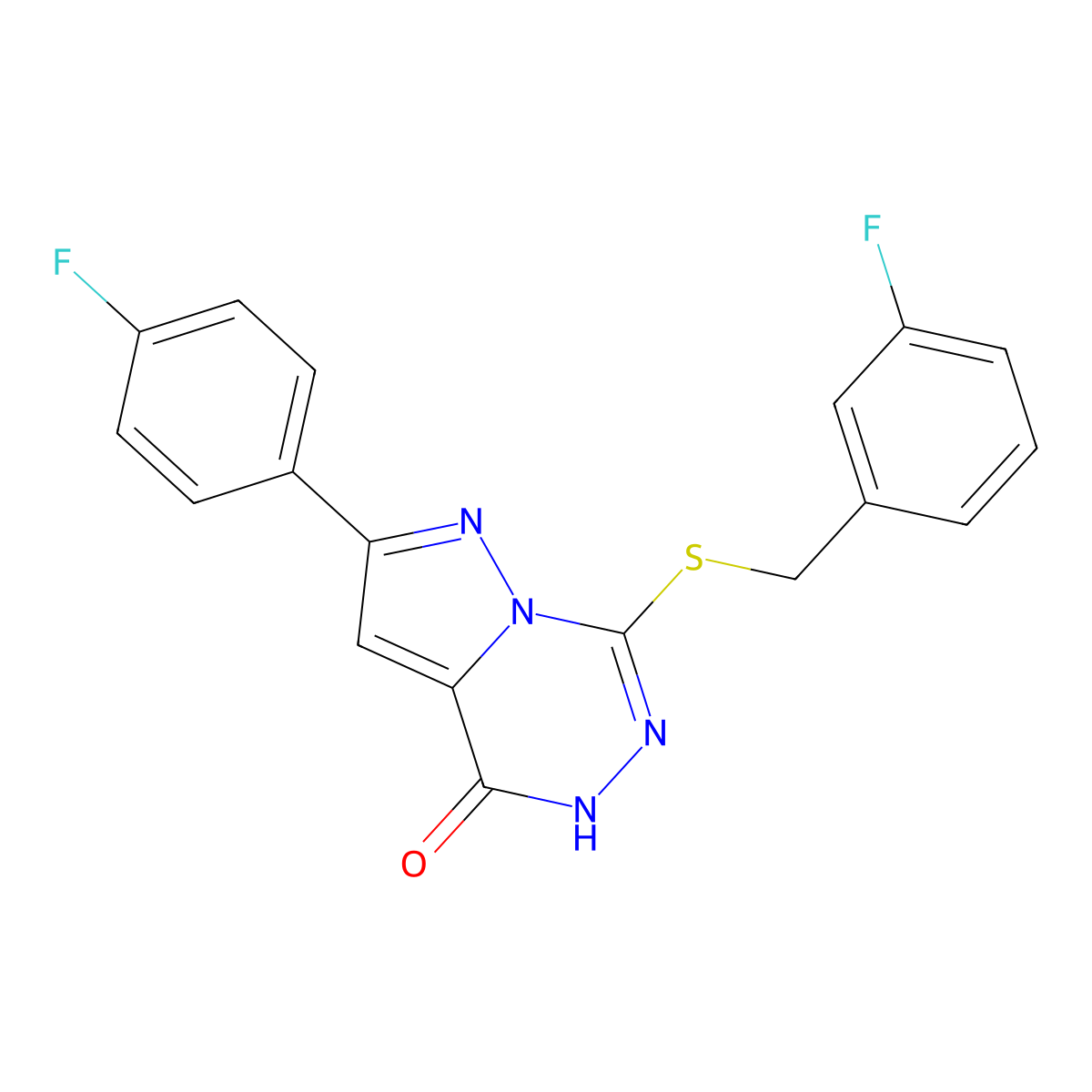2-(4-fluorophenyl)-7-{[(3-fluorophenyl)methyl]sulfanyl}-4H,5H-pyrazolo[1,5-d][1,2,4]triazin-4-one molecular structure, CAS 1040681-56-8