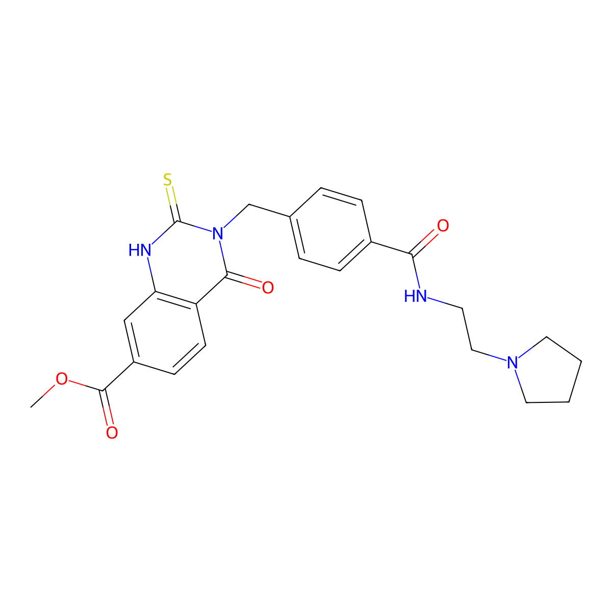Methyl 4-oxo-3-[(4-{[2-(pyrrolidin-1-yl)ethyl]carbamoyl}phenyl)methyl]-2-sulfanylidene-1,2,3,4-tetrahydroquinazoline-7-carboxylate molecular structure, CAS 1040681-60-4