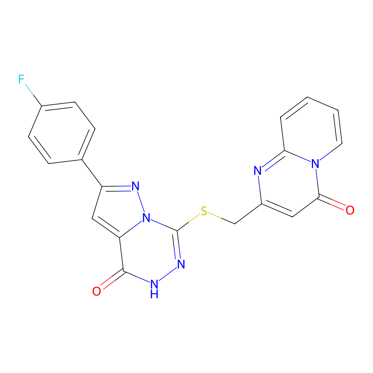 2-({[2-(4-fluorophenyl)-4-oxo-4,5-dihydropyrazolo[1,5-d][1,2,4]triazin-7-yl]thio}methyl)-4H-pyrido[1,2-a]pyrimidin-4-one molecular structure, CAS 1040681-62-6