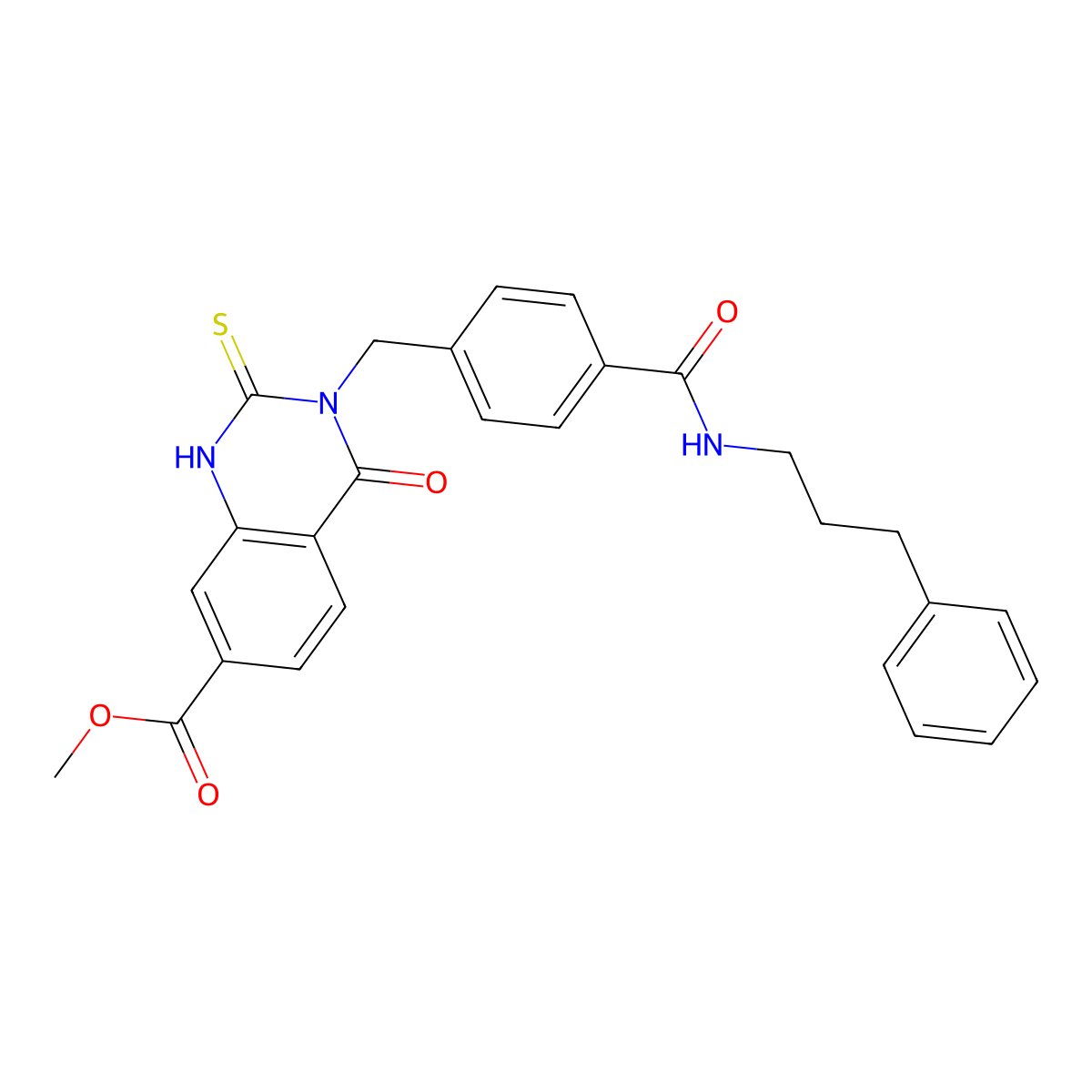 Methyl 4-oxo-3-({4-[(3-phenylpropyl)carbamoyl]phenyl}methyl)-2-sulfanylidene-1,2,3,4-tetrahydroquinazoline-7-carboxylate molecular structure, CAS 1040681-66-0