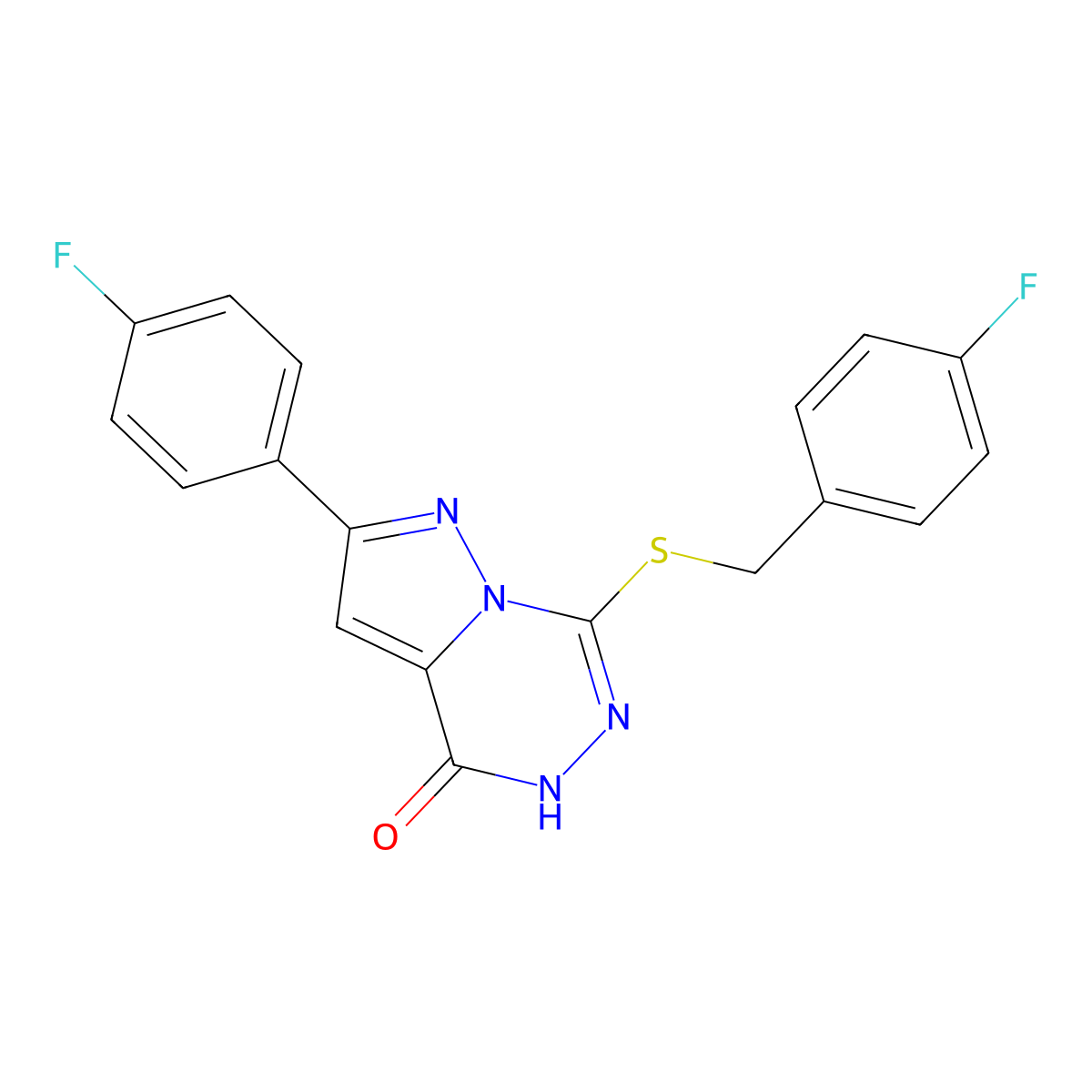 2-(4-fluorophenyl)-7-{[(4-fluorophenyl)methyl]sulfanyl}-4H,5H-pyrazolo[1,5-d][1,2,4]triazin-4-one molecular structure, CAS 1040681-69-3