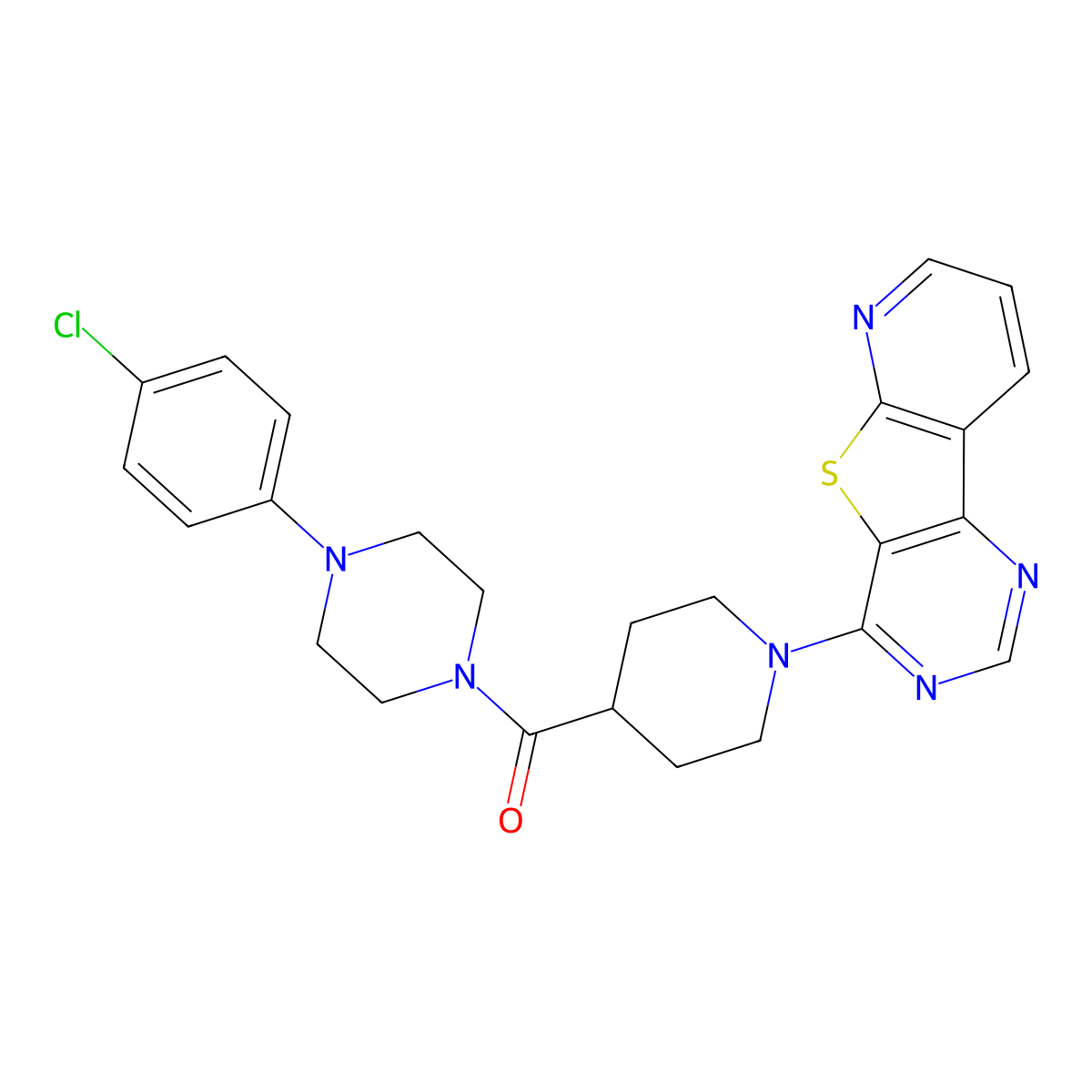 6-{4-[4-(4-Chlorophenyl)piperazine-1-carbonyl]piperidin-1-yl}-8-thia-3,5,10-triazatricyclo[7.4.0.0^{2,7}]trideca-1(13),2(7),3,5,9,11-hexaene molecular structure, CAS 1040681-81-9