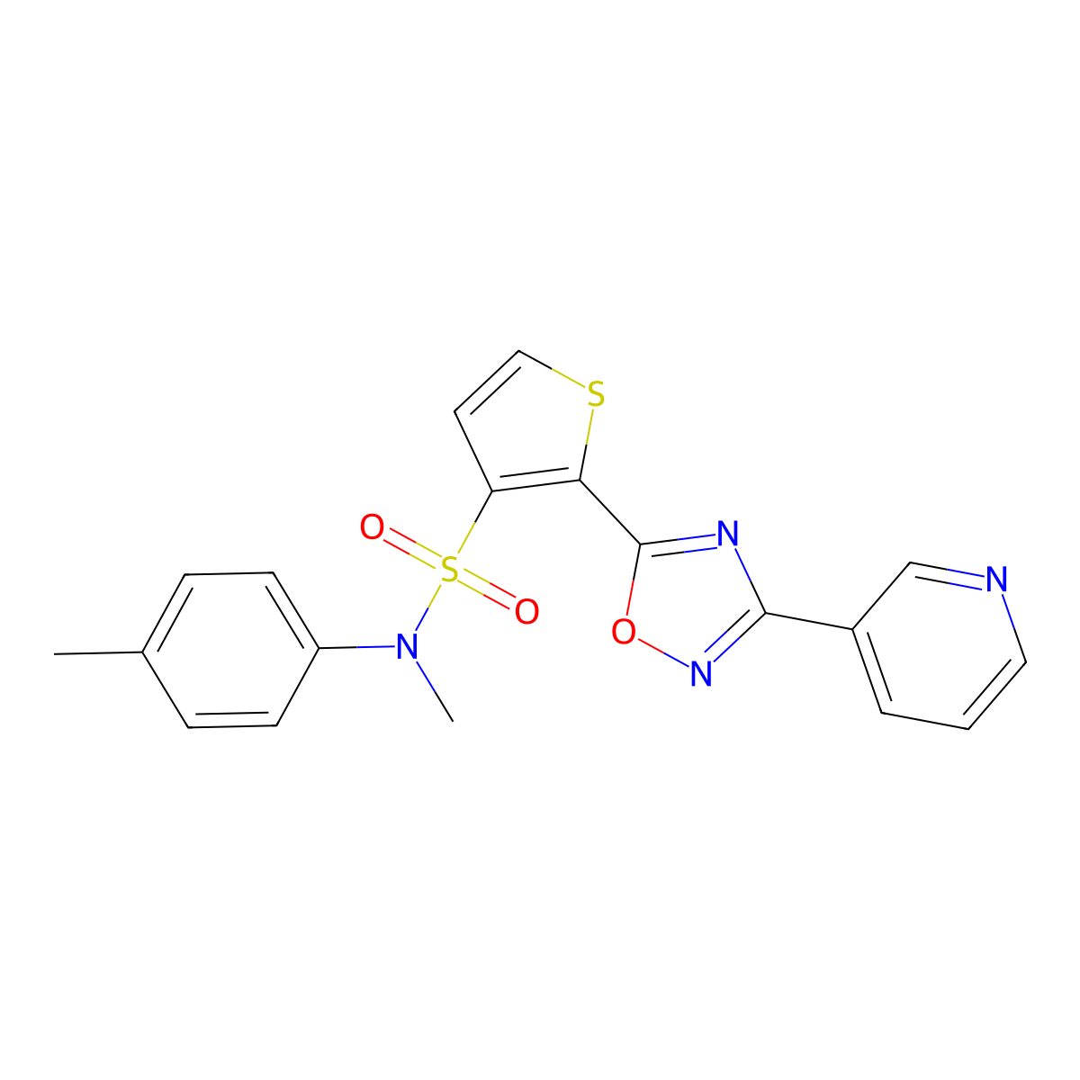 N-methyl-2-(3-(pyridin-3-yl)-1,2,4-oxadiazol-5-yl)-N-(p-tolyl)thiophene-3-sulfonamide molecular structure, CAS 1040681-84-2