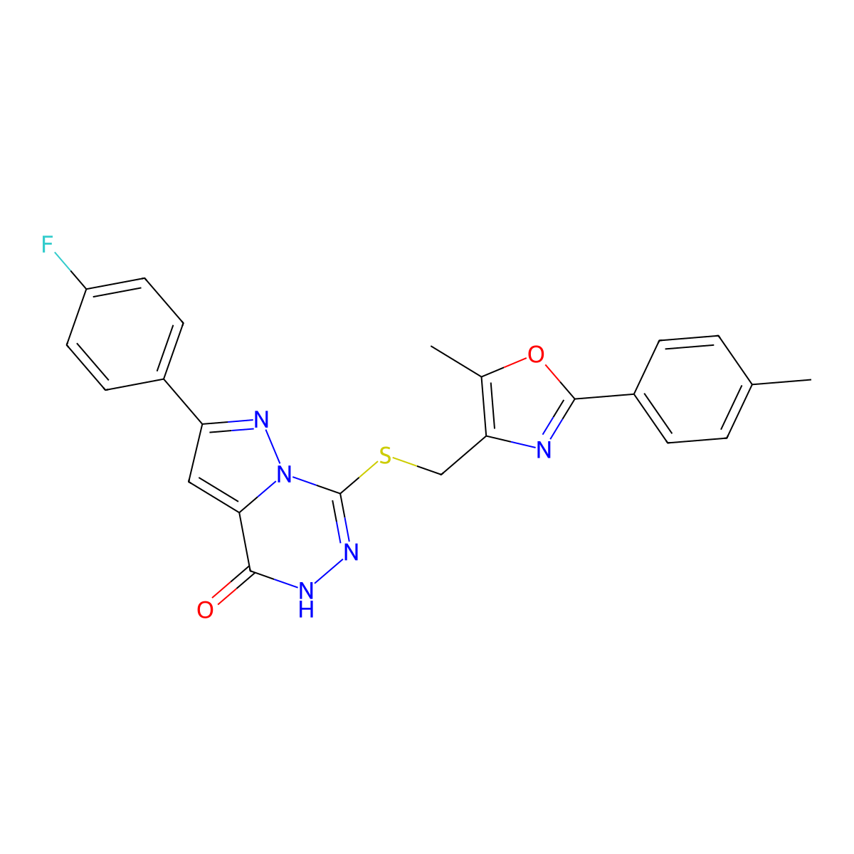 2-(4-fluorophenyl)-7-({[5-methyl-2-(4-methylphenyl)-1,3-oxazol-4-yl]methyl}sulfanyl)-4H,5H-pyrazolo[1,5-d][1,2,4]triazin-4-one molecular structure, CAS 1040681-89-7