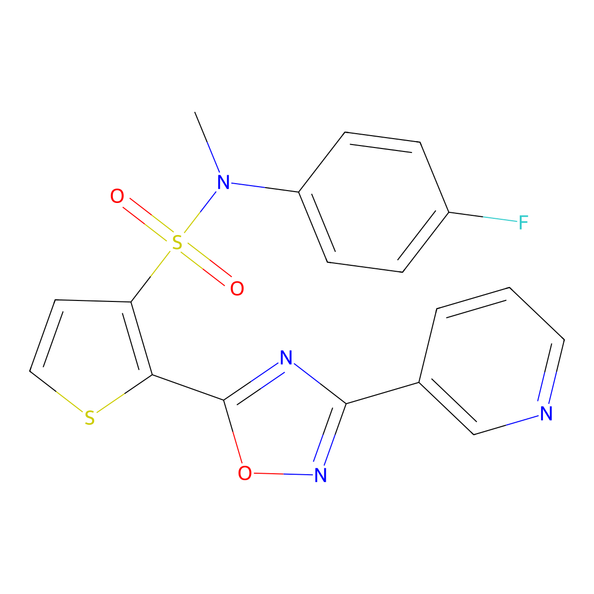 N-(4-fluorophenyl)-N-methyl-2-[3-(pyridin-3-yl)-1,2,4-oxadiazol-5-yl]thiophene-3-sulfonamide molecular structure, CAS 1040681-92-2