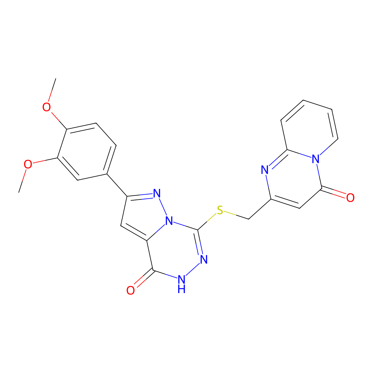 2-({[2-(3,4-dimethoxyphenyl)-4-oxo-4,5-dihydropyrazolo[1,5-d][1,2,4]triazin-7-yl]thio}methyl)-4H-pyrido[1,2-a]pyrimidin-4-one molecular structure, CAS 1040681-97-7