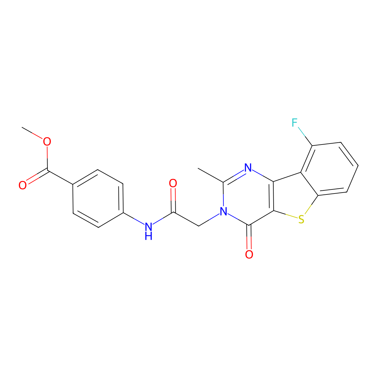 methyl 4-{[(9-fluoro-2-methyl-4-oxo[1]benzothieno[3,2-d]pyrimidin-3(4H)-yl)acetyl]amino}benzoate molecular structure, CAS 1040682-18-5