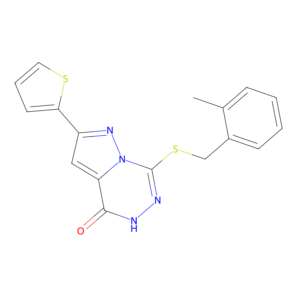 7-{[(2-methylphenyl)methyl]sulfanyl}-2-(thiophen-2-yl)-4H,5H-pyrazolo[1,5-d][1,2,4]triazin-4-one molecular structure, CAS 1040682-26-5