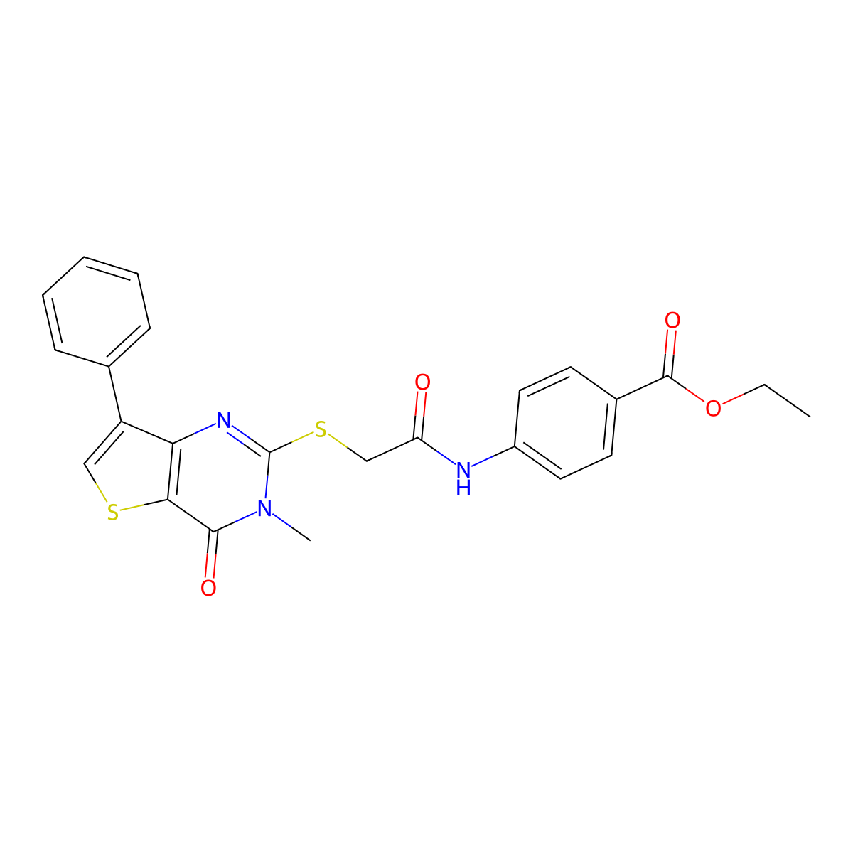 Ethyl 4-({[(3-methyl-4-oxo-7-phenyl-3,4-dihydrothieno[3,2-d]pyrimidin-2-yl)thio]acetyl}amino)benzoate molecular structure, CAS 1040682-29-8