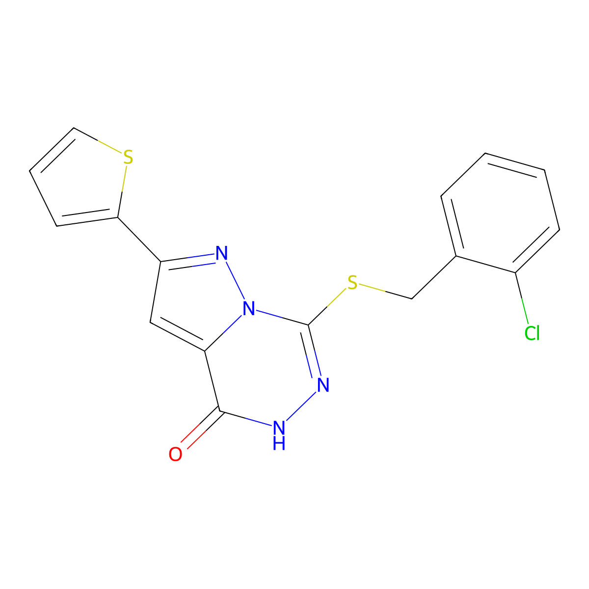 7-{[(2-chlorophenyl)methyl]sulfanyl}-2-(thiophen-2-yl)-4H,5H-pyrazolo[1,5-d][1,2,4]triazin-4-one molecular structure, CAS 1040682-34-5