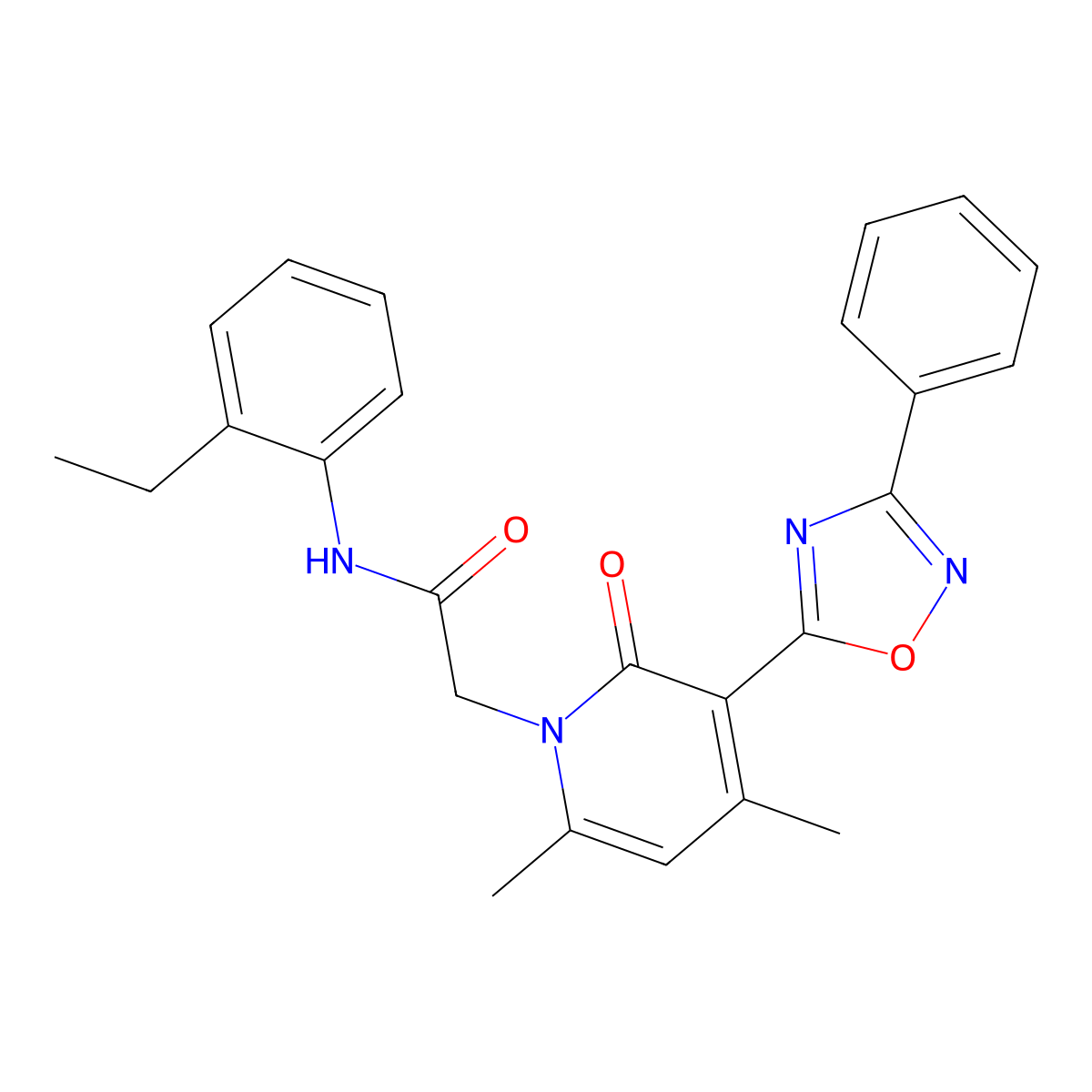 2-(4,6-dimethyl-2-oxo-3-(3-phenyl-1,2,4-oxadiazol-5-yl)pyridin-1(2H)-yl)-N-(2-ethylphenyl)acetamide molecular structure, CAS 1040682-39-0