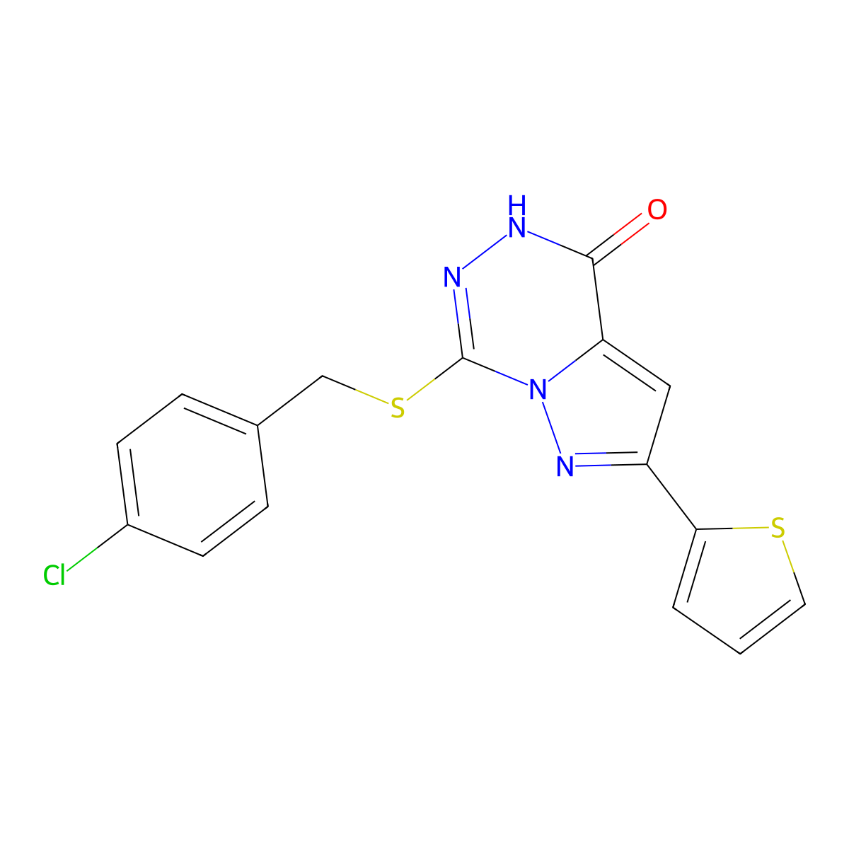 7-[(4-chlorobenzyl)thio]-2-(2-thienyl)pyrazolo[1,5-d][1,2,4]triazin-4(5H)-one molecular structure, CAS 1040682-42-5