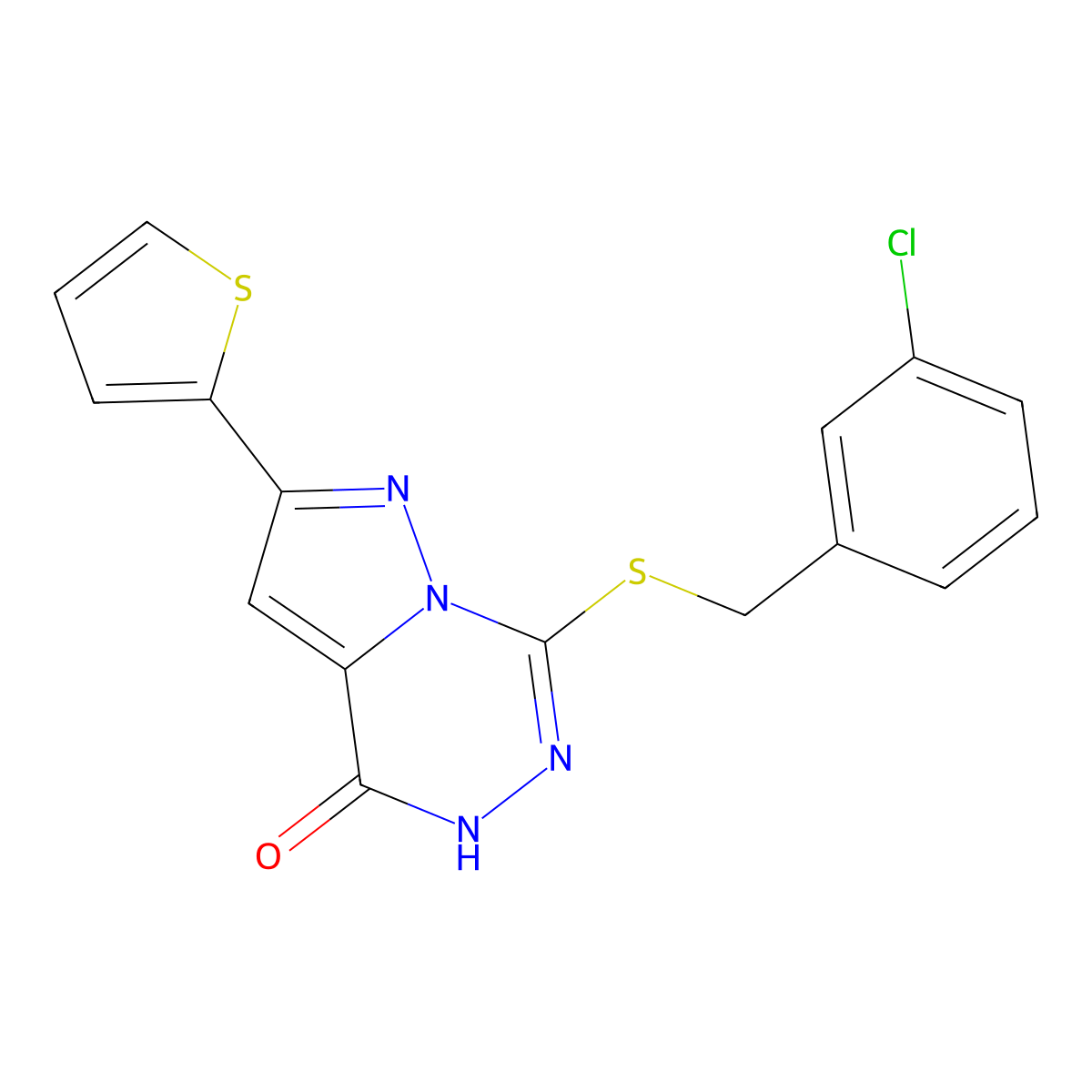 7-[(3-chlorobenzyl)thio]-2-(2-thienyl)pyrazolo[1,5-d][1,2,4]triazin-4(5H)-one molecular structure, CAS 1040682-50-5