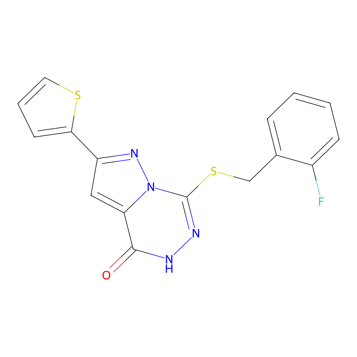 7-{[(2-fluorophenyl)methyl]sulfanyl}-2-(thiophen-2-yl)-4H,5H-pyrazolo[1,5-d][1,2,4]triazin-4-one molecular structure, CAS 1040682-58-3