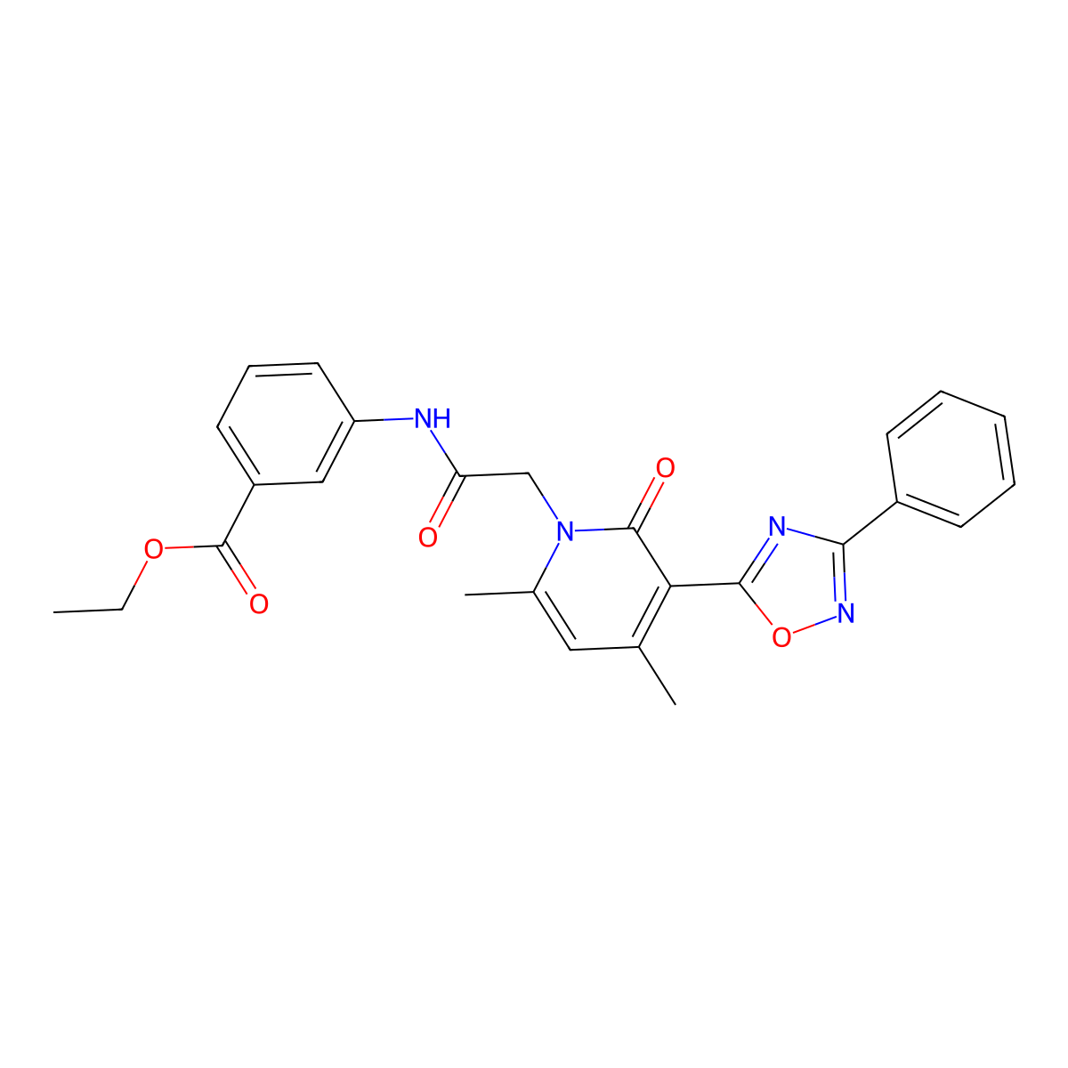 Ethyl 3-{2-[4,6-dimethyl-2-oxo-3-(3-phenyl-1,2,4-oxadiazol-5-yl)-1,2-dihydropyridin-1-yl]acetamido}benzoate molecular structure, CAS 1040682-77-6