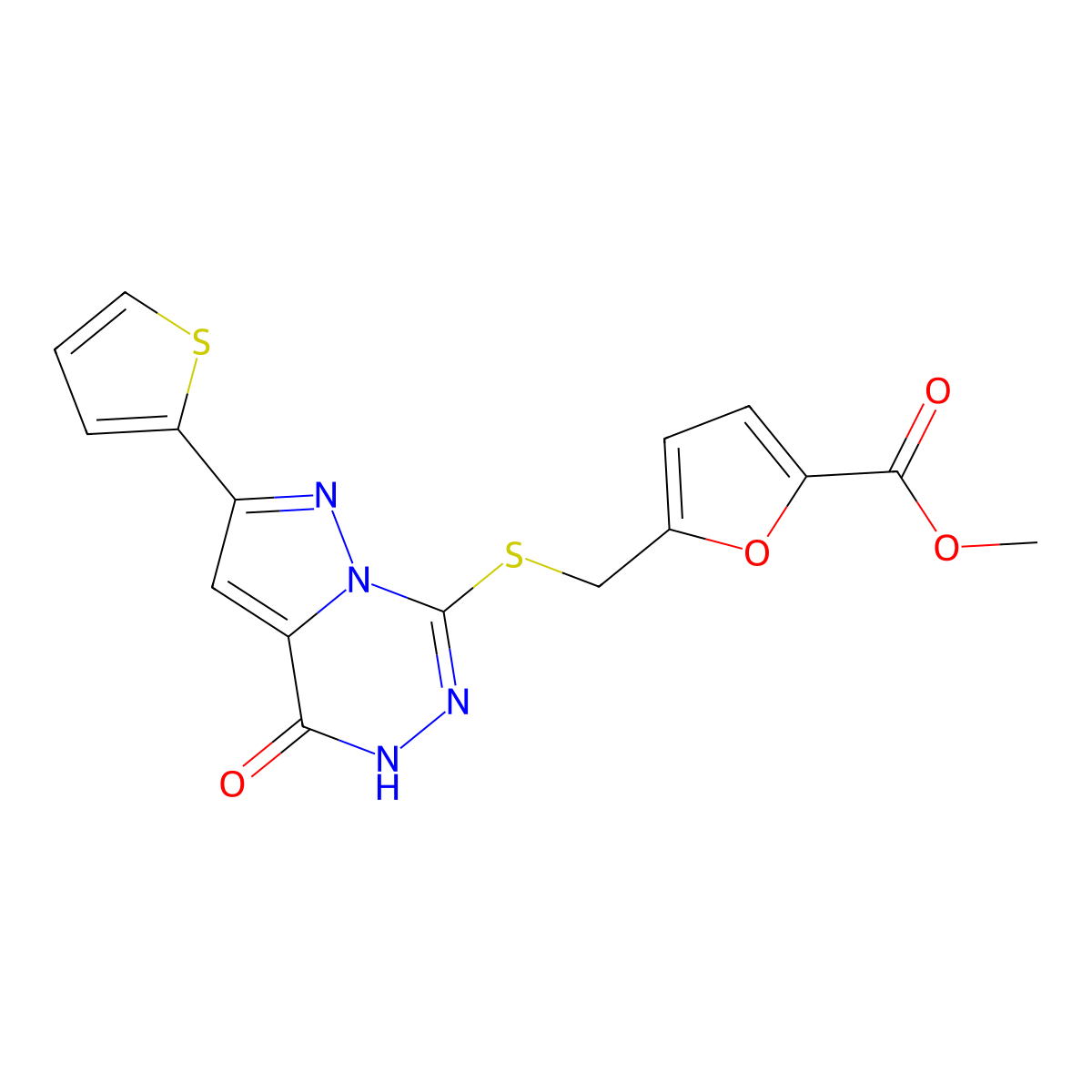 methyl 5-({[4-oxo-2-(thiophen-2-yl)-4H,5H-pyrazolo[1,5-d][1,2,4]triazin-7-yl]sulfanyl}methyl)furan-2-carboxylate molecular structure, CAS 1040682-80-1