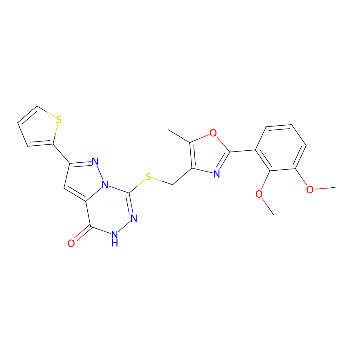 7-({[2-(2,3-dimethoxyphenyl)-5-methyl-1,3-oxazol-4-yl]methyl}sulfanyl)-2-(thiophen-2-yl)-4H,5H-pyrazolo[1,5-d][1,2,4]triazin-4-one molecular structure, CAS 1040682-88-9