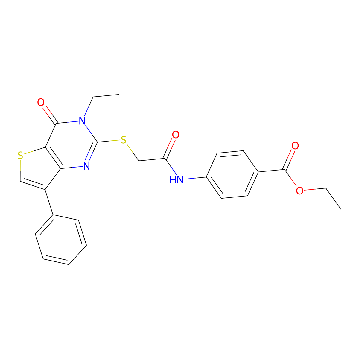 Ethyl 4-({[(3-ethyl-4-oxo-7-phenyl-3,4-dihydrothieno[3,2-d]pyrimidin-2-yl)thio]acetyl}amino)benzoate molecular structure, CAS 1040682-90-3
