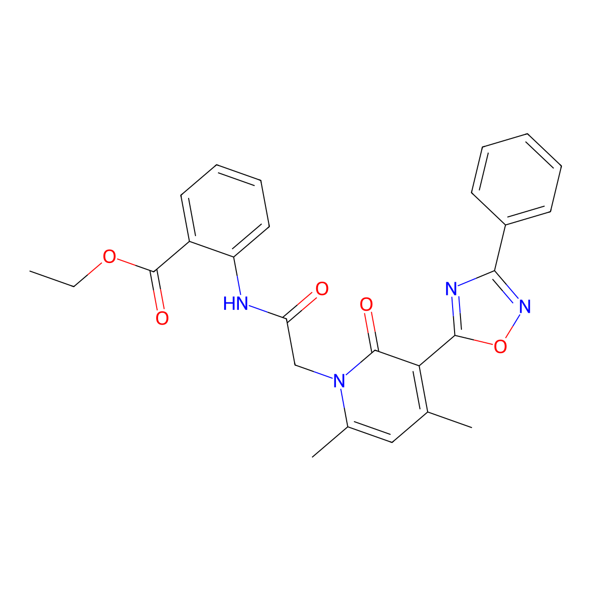 Ethyl 2-{2-[4,6-dimethyl-2-oxo-3-(3-phenyl-1,2,4-oxadiazol-5-yl)-1,2-dihydropyridin-1-yl]acetamido}benzoate molecular structure, CAS 1040683-01-9