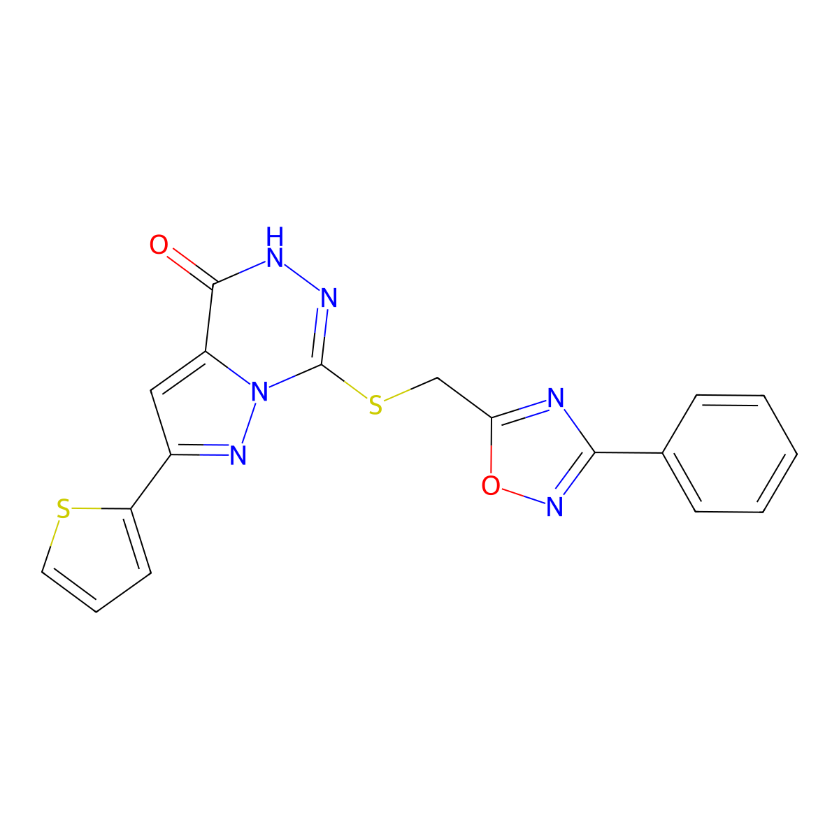 7-{[(3-phenyl-1,2,4-oxadiazol-5-yl)methyl]sulfanyl}-2-(thiophen-2-yl)-4H,5H-pyrazolo[1,5-d][1,2,4]triazin-4-one molecular structure, CAS 1040683-04-2