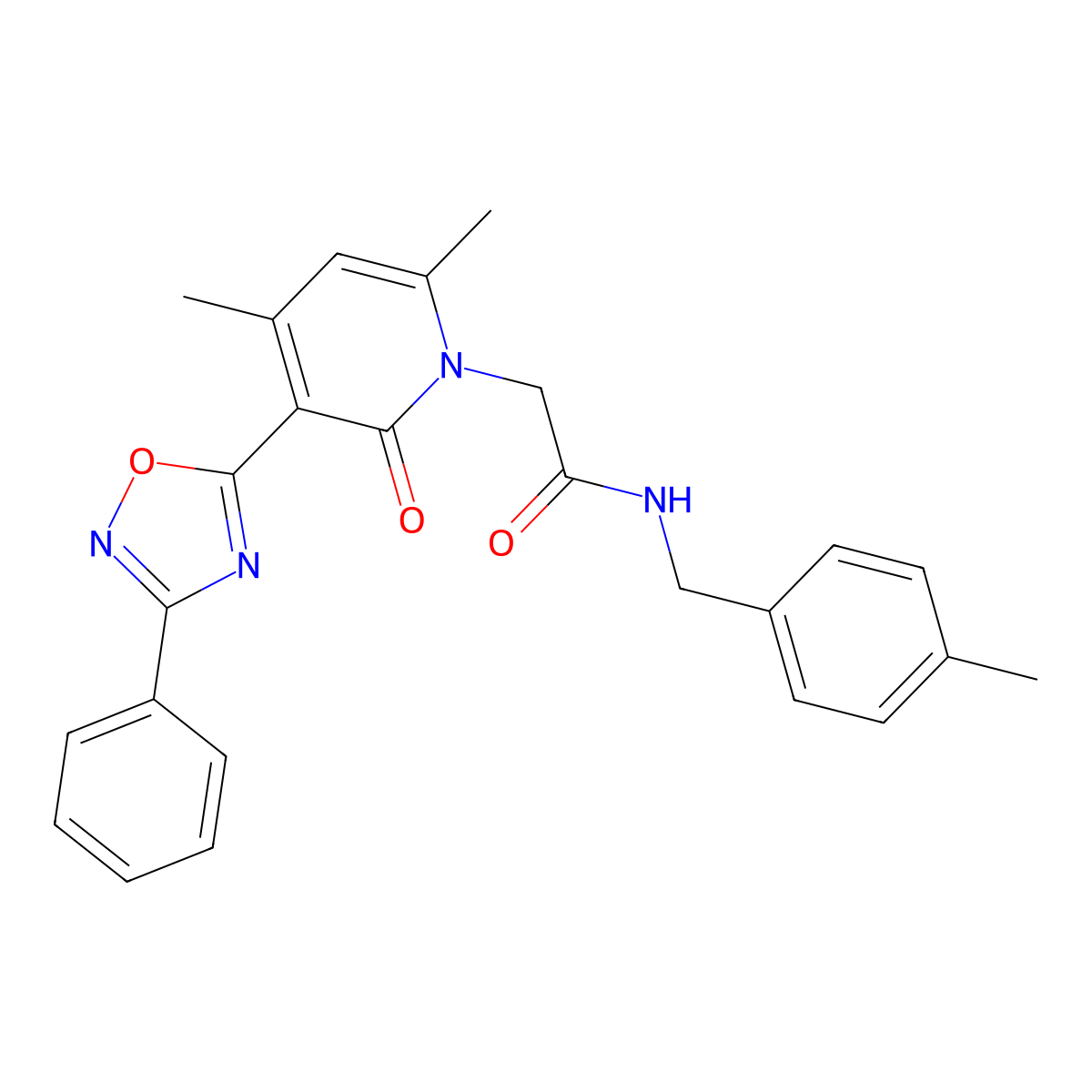 2-(4,6-dimethyl-2-oxo-3-(3-phenyl-1,2,4-oxadiazol-5-yl)pyridin-1(2H)-yl)-N-(4-methylbenzyl)acetamide molecular structure, CAS 1040683-16-6