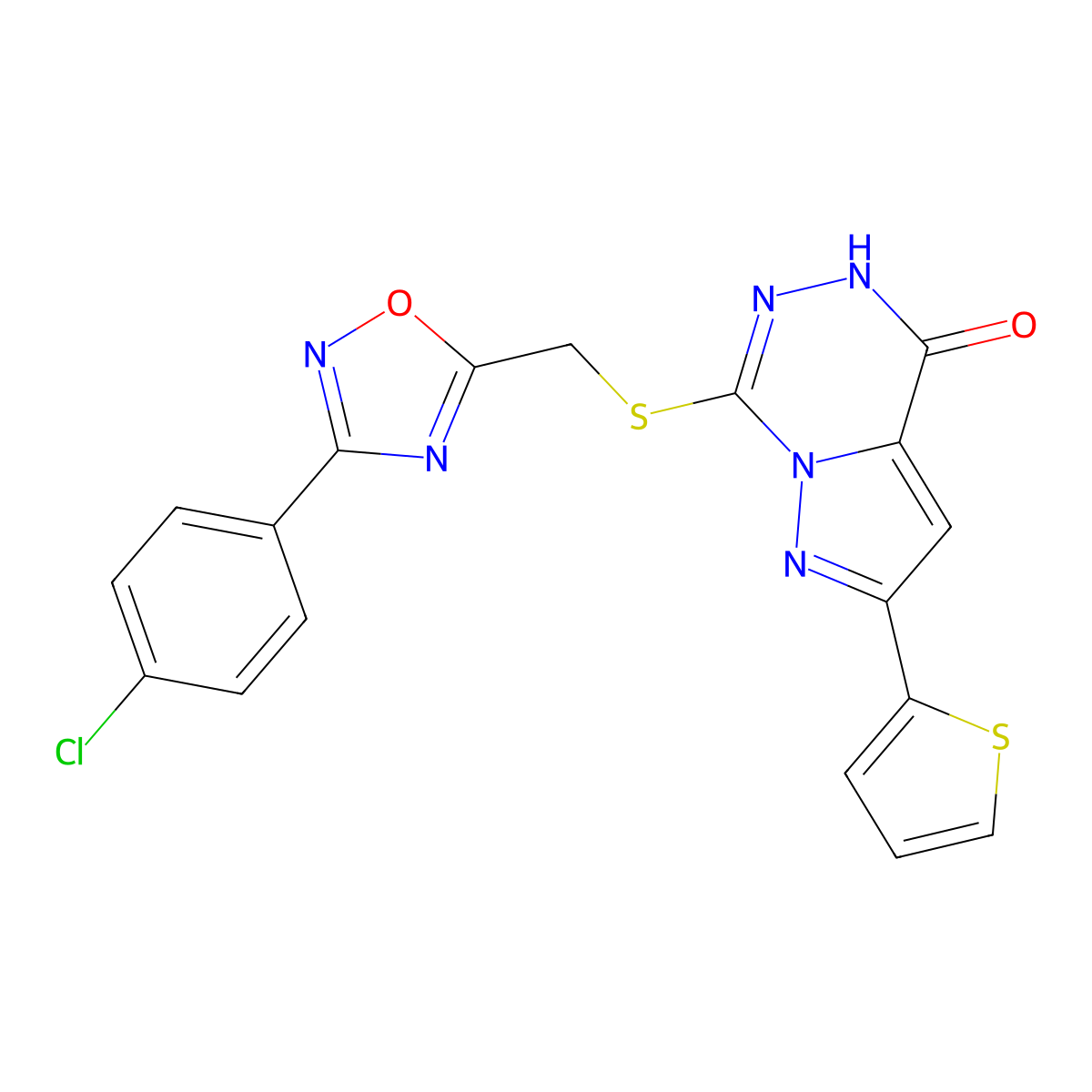 7-({[3-(4-chlorophenyl)-1,2,4-oxadiazol-5-yl]methyl}sulfanyl)-2-(thiophen-2-yl)-4H,5H-pyrazolo[1,5-d][1,2,4]triazin-4-one molecular structure, CAS 1040683-19-9