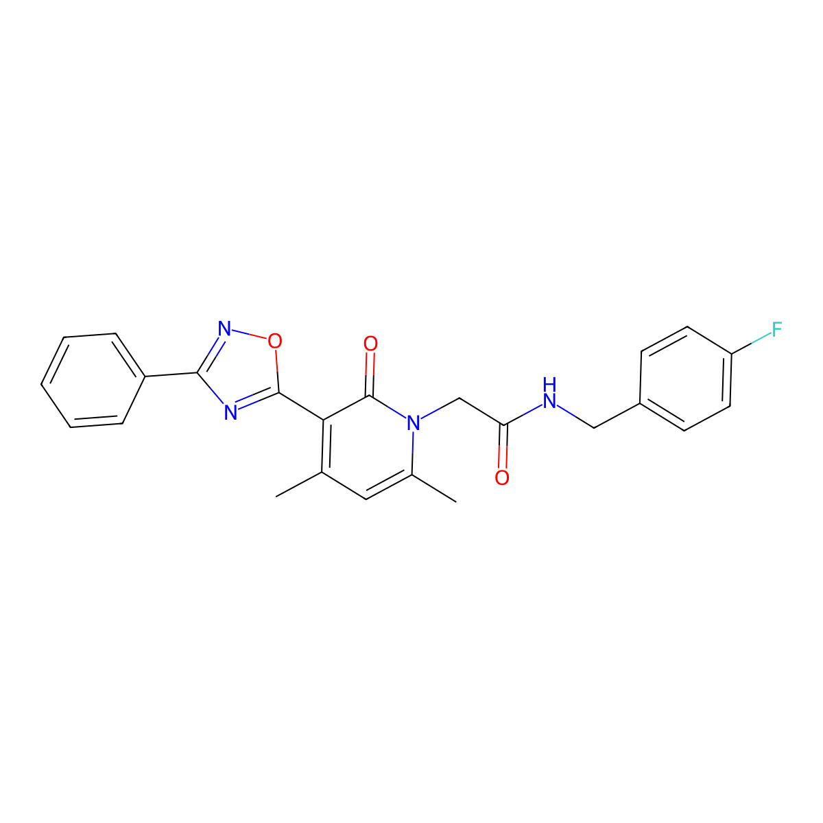 2-(4,6-dimethyl-2-oxo-3-(3-phenyl-1,2,4-oxadiazol-5-yl)pyridin-1(2H)-yl)-N-(4-fluorobenzyl)acetamide molecular structure, CAS 1040683-29-1