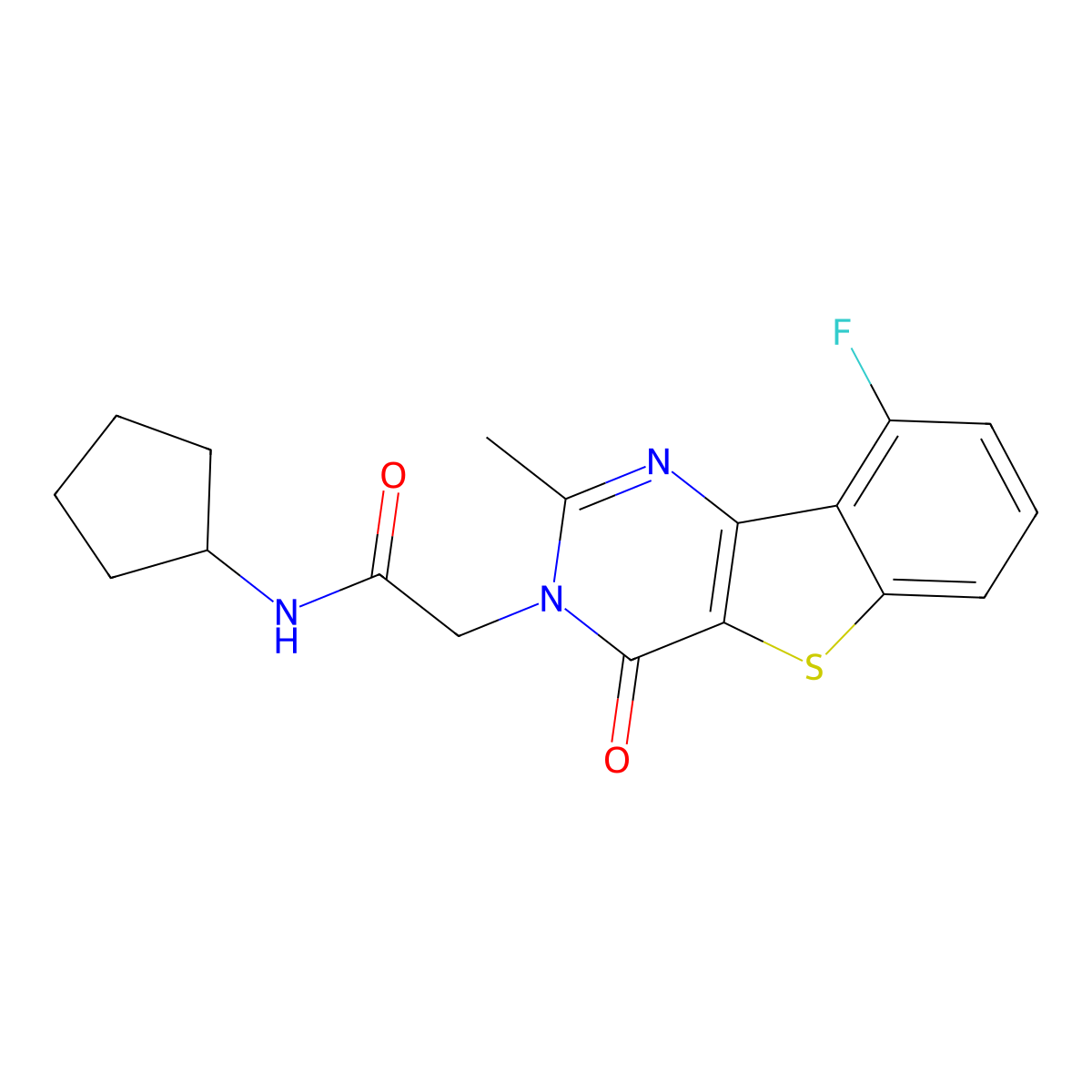 N-cyclopentyl-2-{13-fluoro-4-methyl-6-oxo-8-thia-3,5-diazatricyclo[7.4.0.0^{2,7}]trideca-1(13),2(7),3,9,11-pentaen-5-yl}acetamide molecular structure, CAS 1040683-38-2