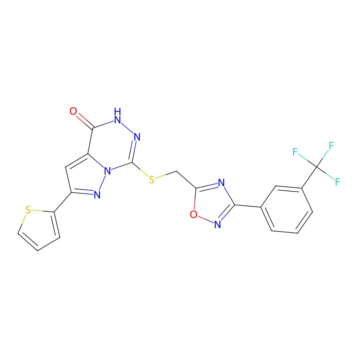 2-(thiophen-2-yl)-7-[({3-[3-(trifluoromethyl)phenyl]-1,2,4-oxadiazol-5-yl}methyl)sulfanyl]-4H,5H-pyrazolo[1,5-d][1,2,4]triazin-4-one molecular structure, CAS 1040683-39-3