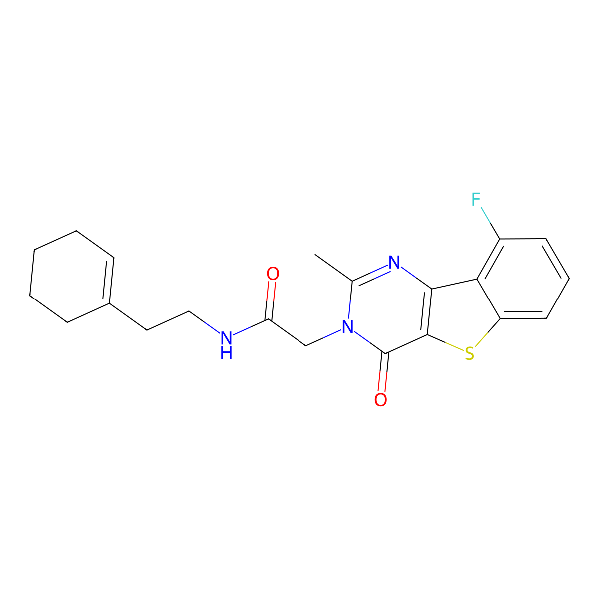 N-(2-cyclohex-1-en-1-ylethyl)-2-(9-fluoro-2-methyl-4-oxo[1]benzothieno[3,2-d]pyrimidin-3(4H)-yl)acetamide molecular structure, CAS 1040683-44-0