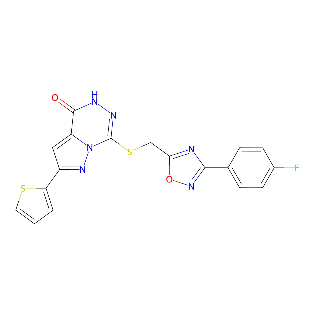 7-({[3-(4-fluorophenyl)-1,2,4-oxadiazol-5-yl]methyl}sulfanyl)-2-(thiophen-2-yl)-4H,5H-pyrazolo[1,5-d][1,2,4]triazin-4-one molecular structure, CAS 1040683-45-1
