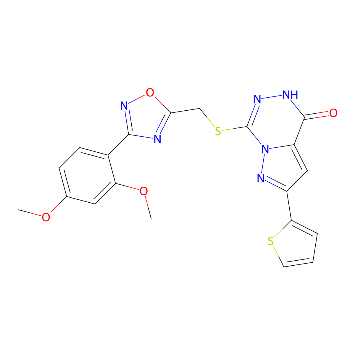 7-({[3-(2,4-dimethoxyphenyl)-1,2,4-oxadiazol-5-yl]methyl}sulfanyl)-2-(thiophen-2-yl)-4H,5H-pyrazolo[1,5-d][1,2,4]triazin-4-one molecular structure, CAS 1040683-52-0